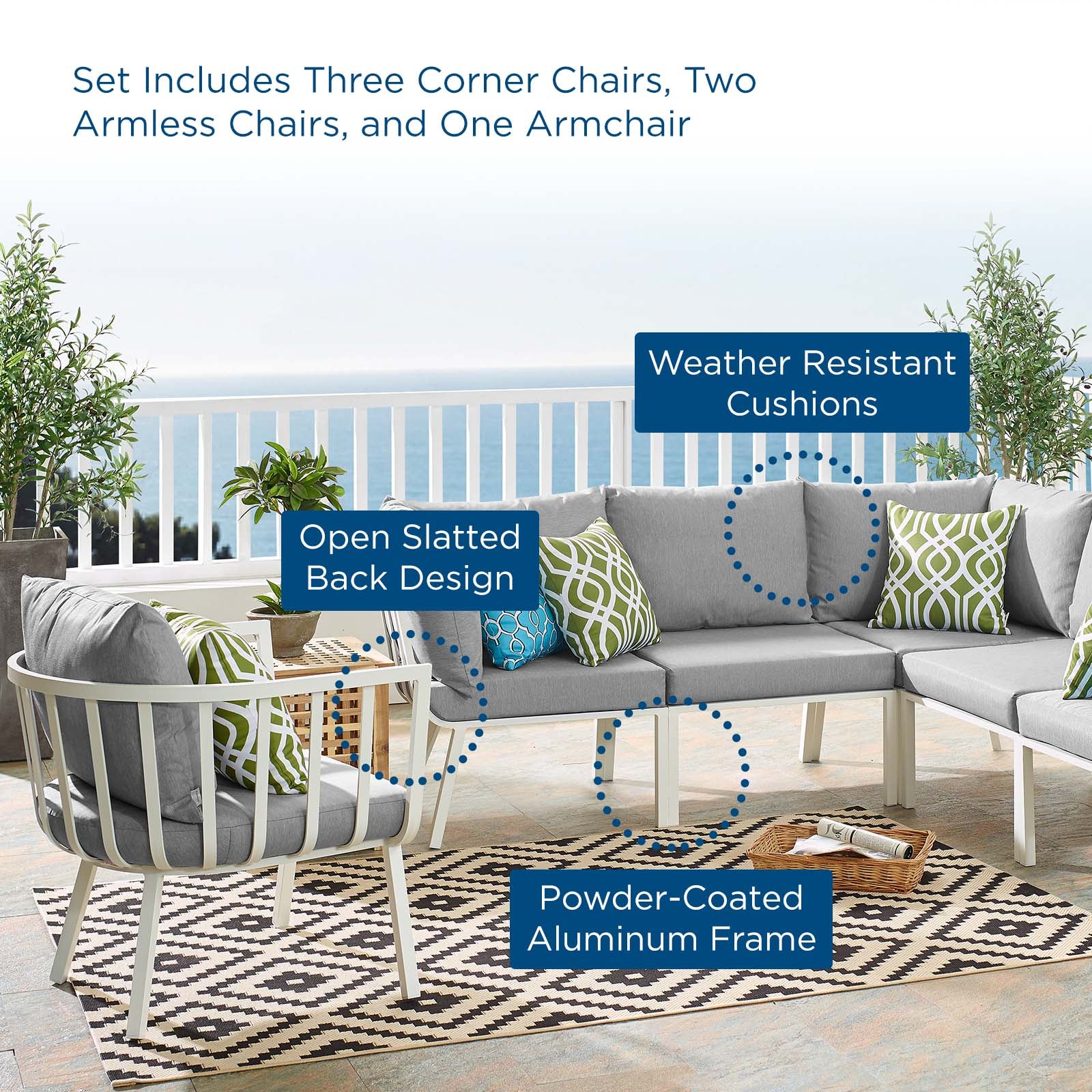 Modway Outdoor Conversation Sets - Riverside 6 Piece Outdoor Patio Aluminum Set White Gray