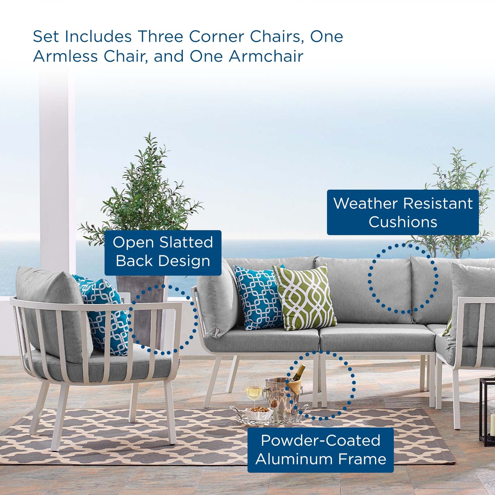 Modway Outdoor Conversation Sets - Riverside 5 Piece Outdoor Patio Aluminum Set White Gray