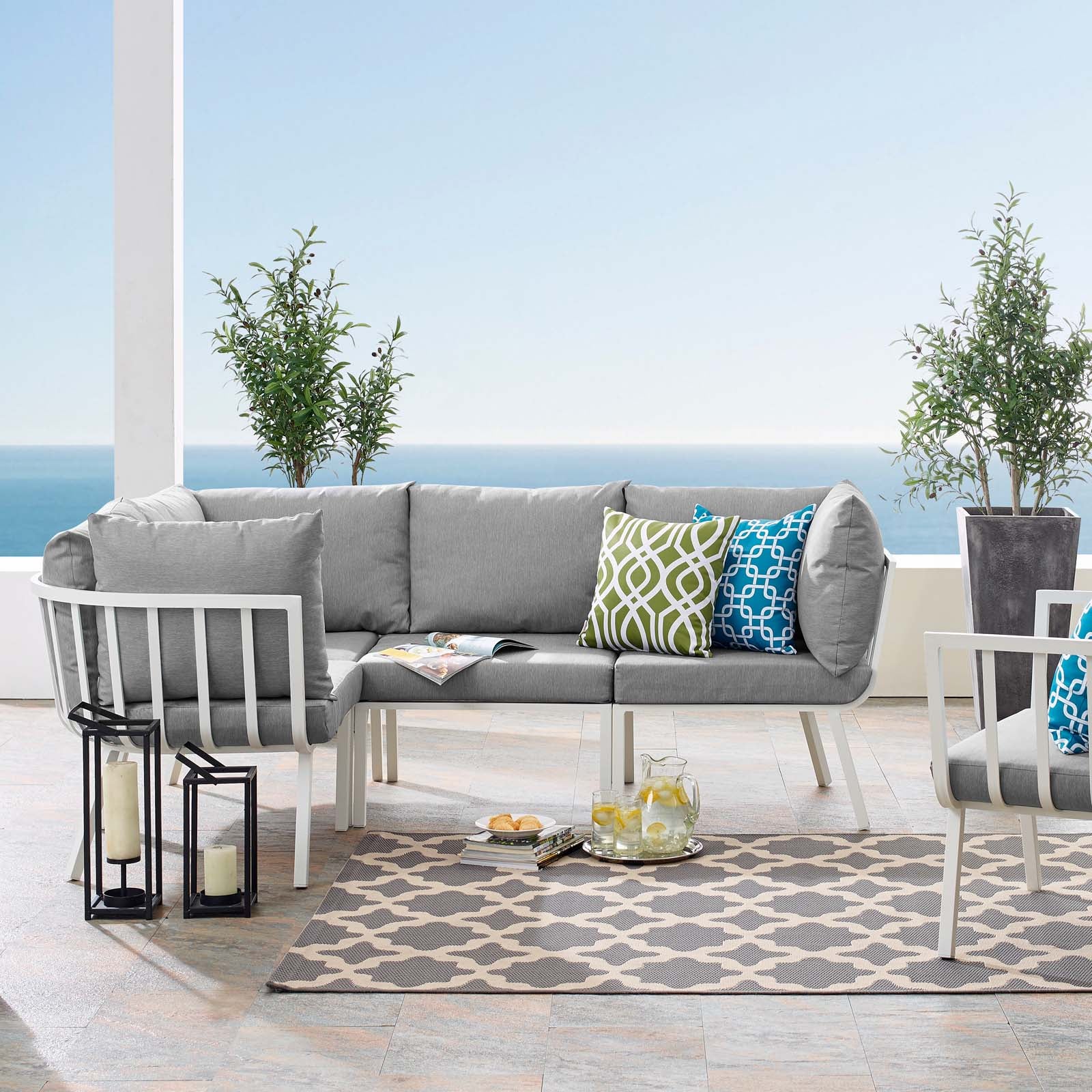 Modway Outdoor Conversation Sets - Riverside 4 Piece Outdoor Patio Aluminum Sectional White Gray