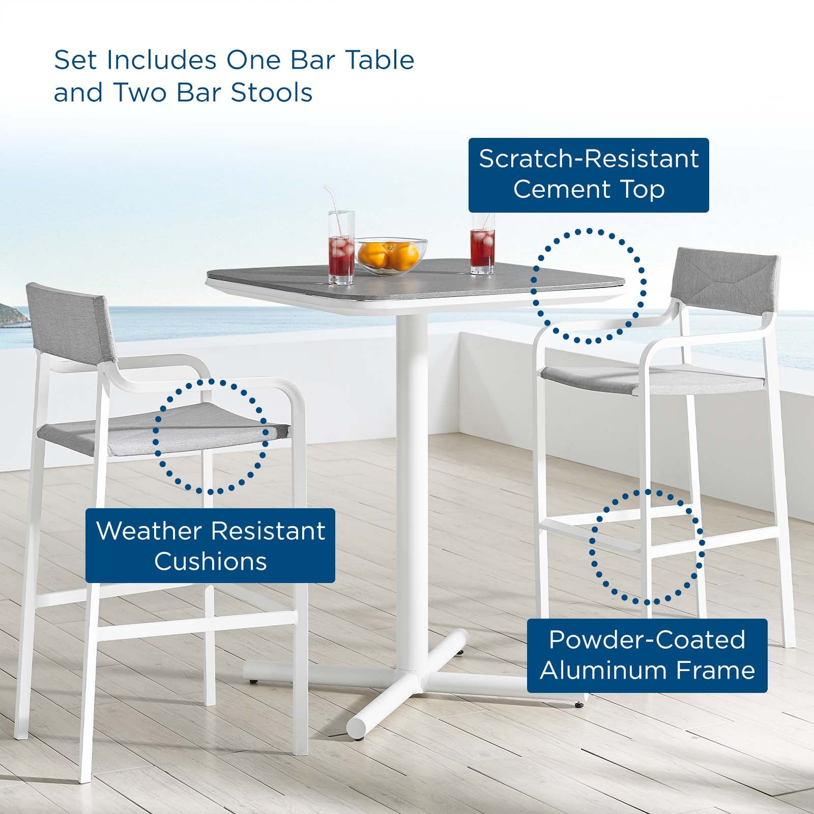 Modway Outdoor Dining Sets - Raleigh 3 Piece Outdoor Patio Aluminum Bar Set White Gray