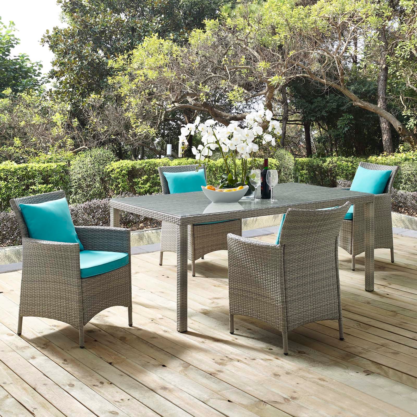 Modway Outdoor Dining Sets - Conduit 5 Piece Outdoor Patio Wicker Rattan Dining Set Light Gray Turquoise