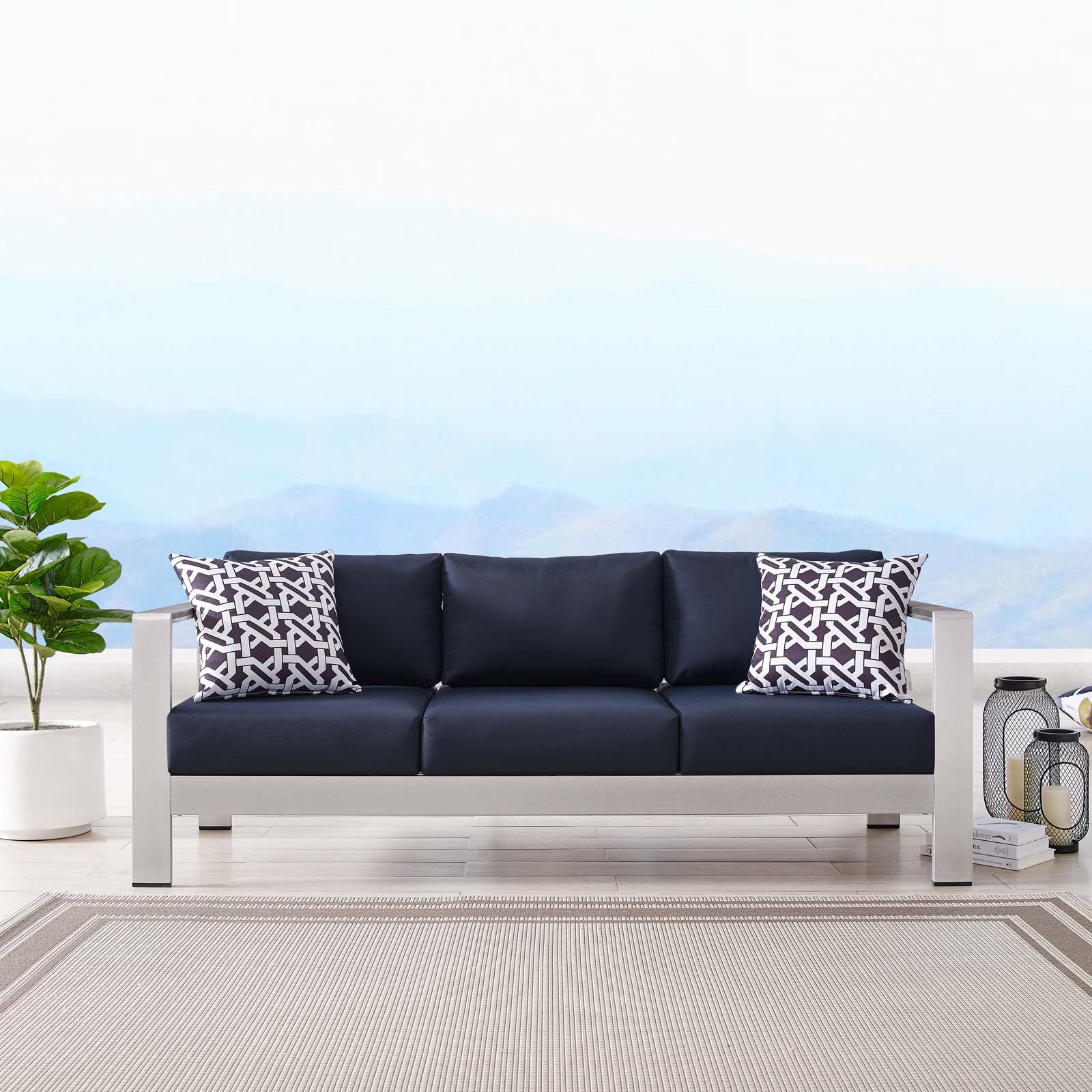 Modway Outdoor Sofas - Shore Outdoor Patio Aluminum Sofa Silver Navy