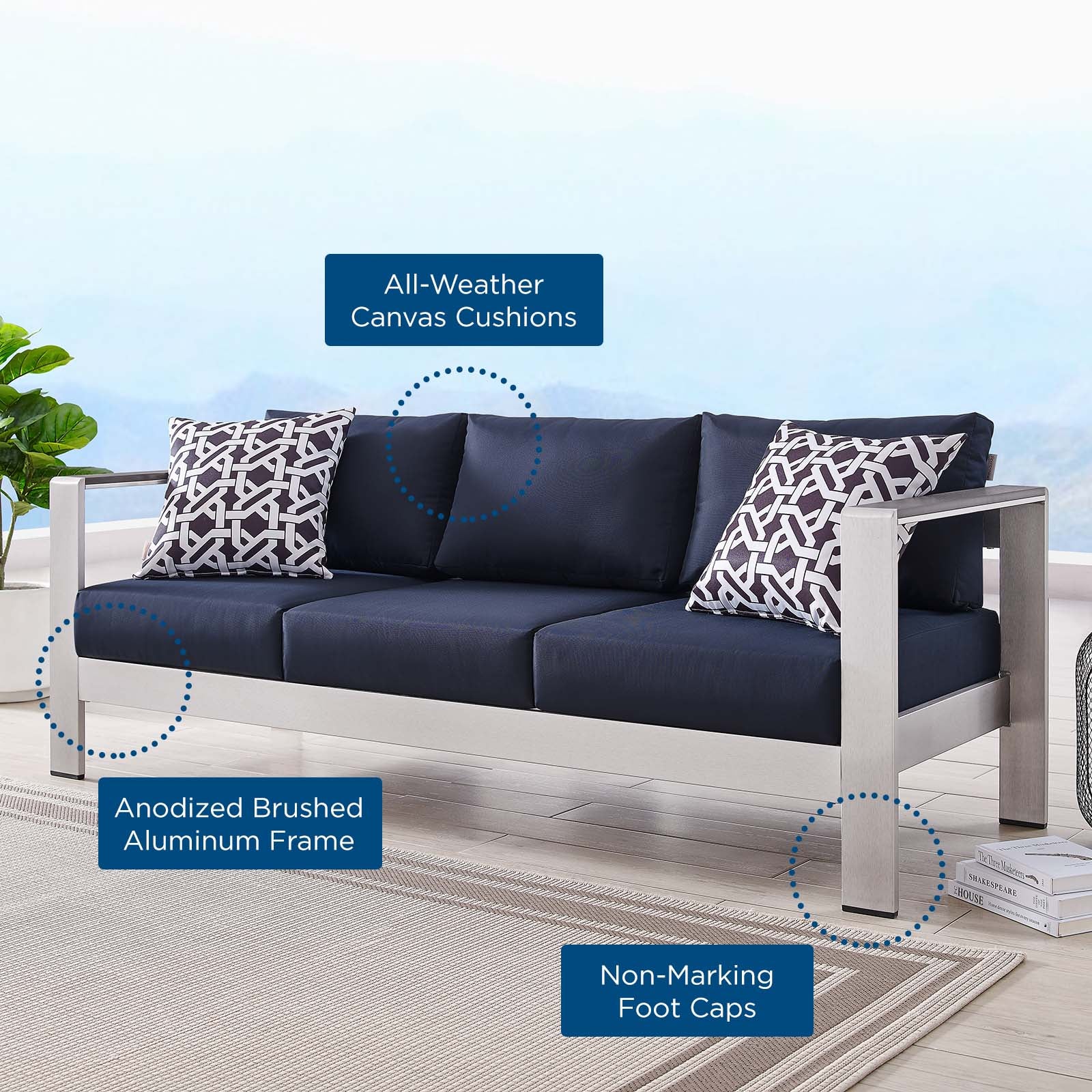 Modway Outdoor Sofas - Shore Outdoor Patio Aluminum Sofa Silver Navy