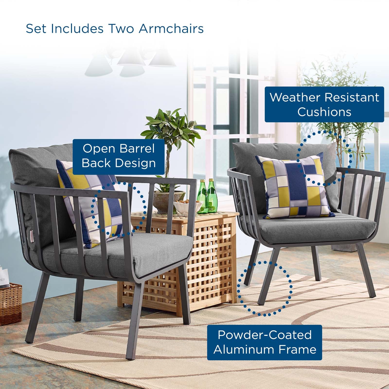 Modway Outdoor Conversation Sets - Riverside Outdoor Patio Aluminum Armchair Set of 2 Gray Charcoal