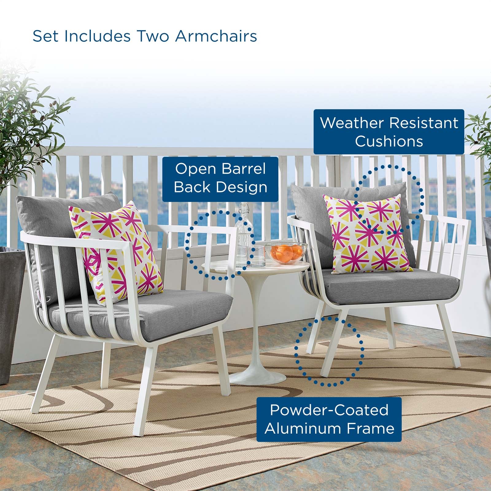 Modway Outdoor Conversation Sets - Riverside Outdoor Patio Aluminum Armchair Set of 2 White Gray