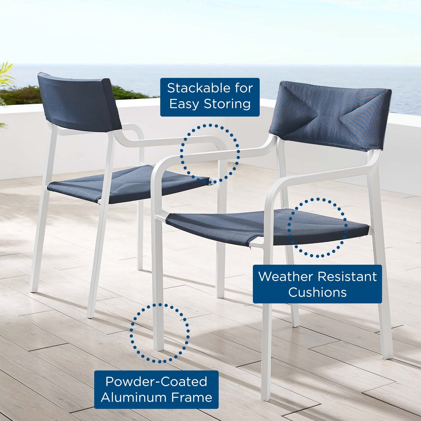 Modway Outdoor Dining Sets - Raleigh Outdoor Patio Aluminum Armchair Set of 2 White Navy