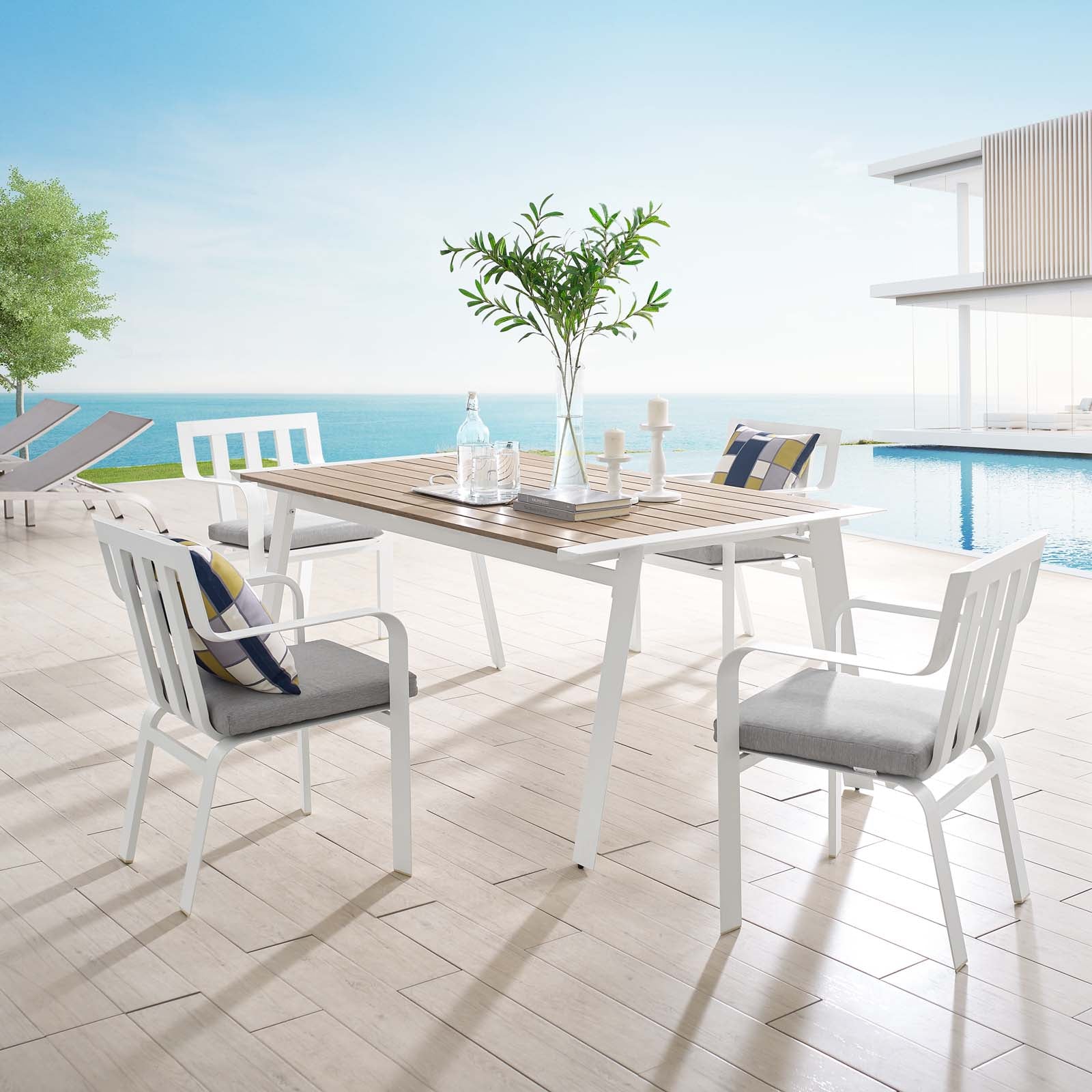 Modway Outdoor Dining Sets - Baxley 5 Piece Outdoor Patio Aluminum Dining Set White Gray