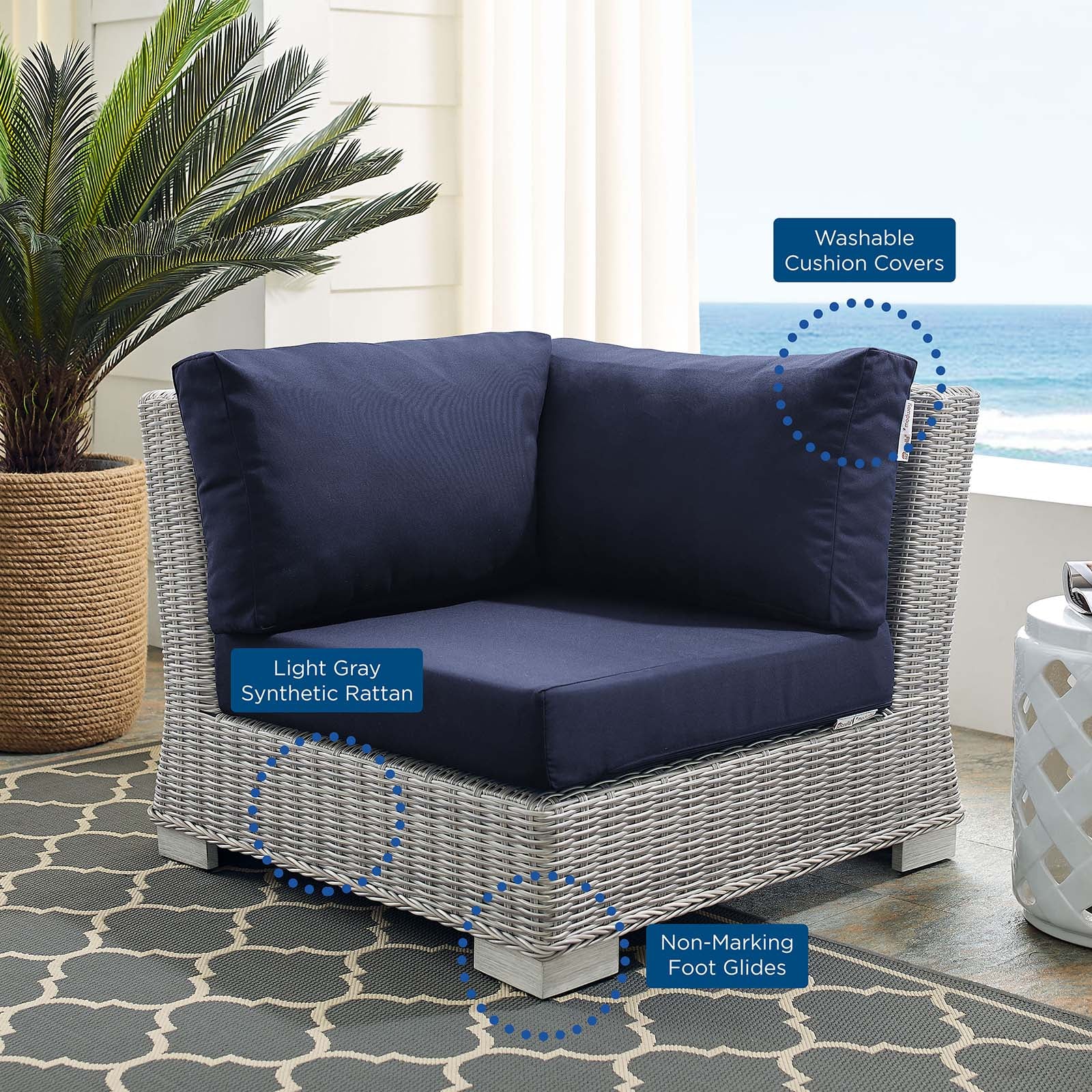 Modway Outdoor Chairs - Conway Sunbrella Outdoor Patio Wicker Rattan Corner Chair Light Gray Navy