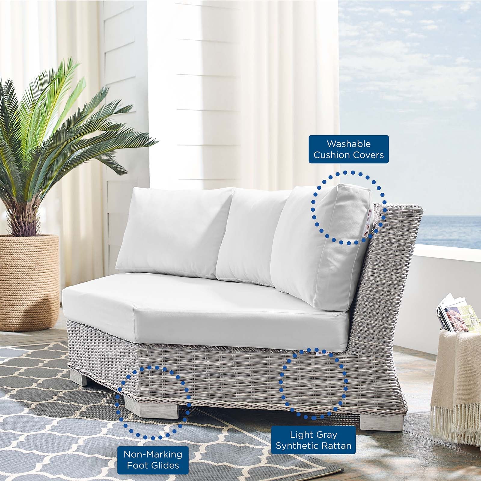 Modway Outdoor Chairs - Conway Sunbrella Outdoor Patio Wicker Rattan Round Corner Chair Light Gray White