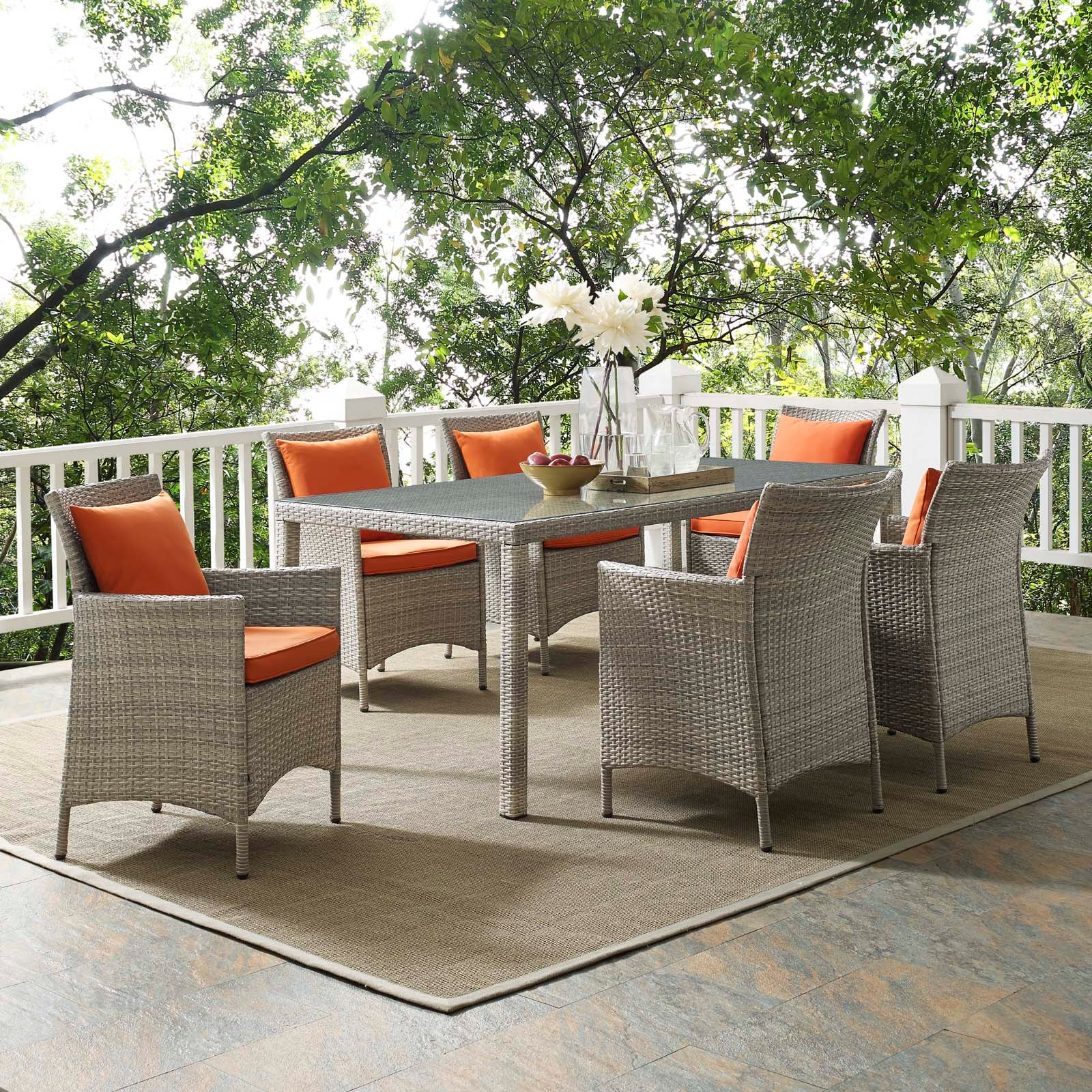 Modway Outdoor Dining Sets - Conduit 7 Piece Outdoor Patio Wicker Rattan Dining Set Light Gray Orange