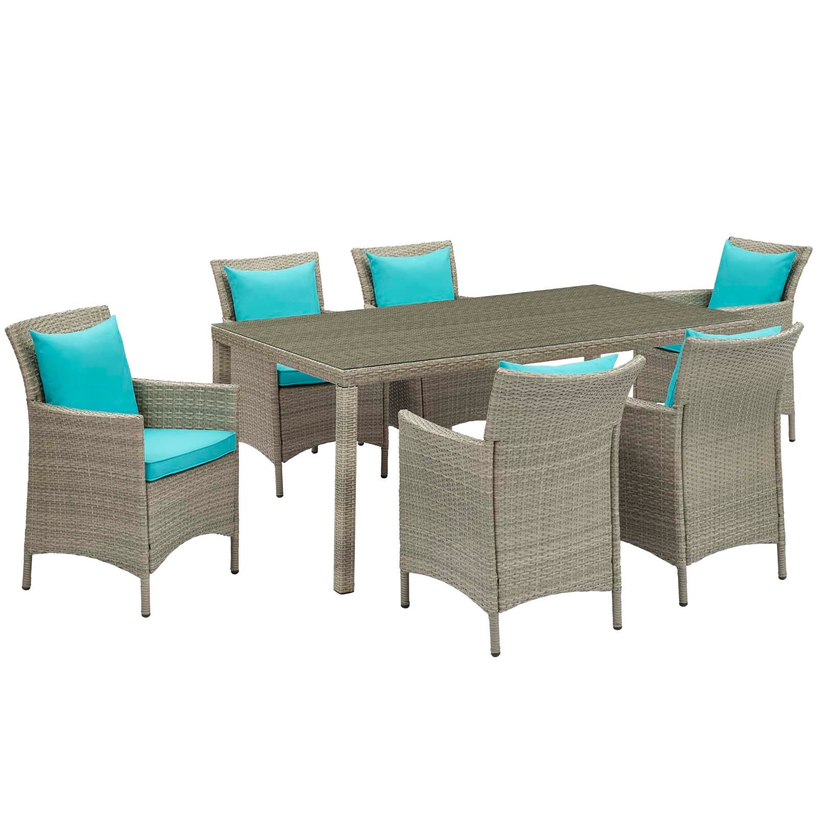 Modway Outdoor Dining Sets - Conduit 7 Piece Outdoor Patio Wicker Rattan Dining Set Light Gray Turquoise