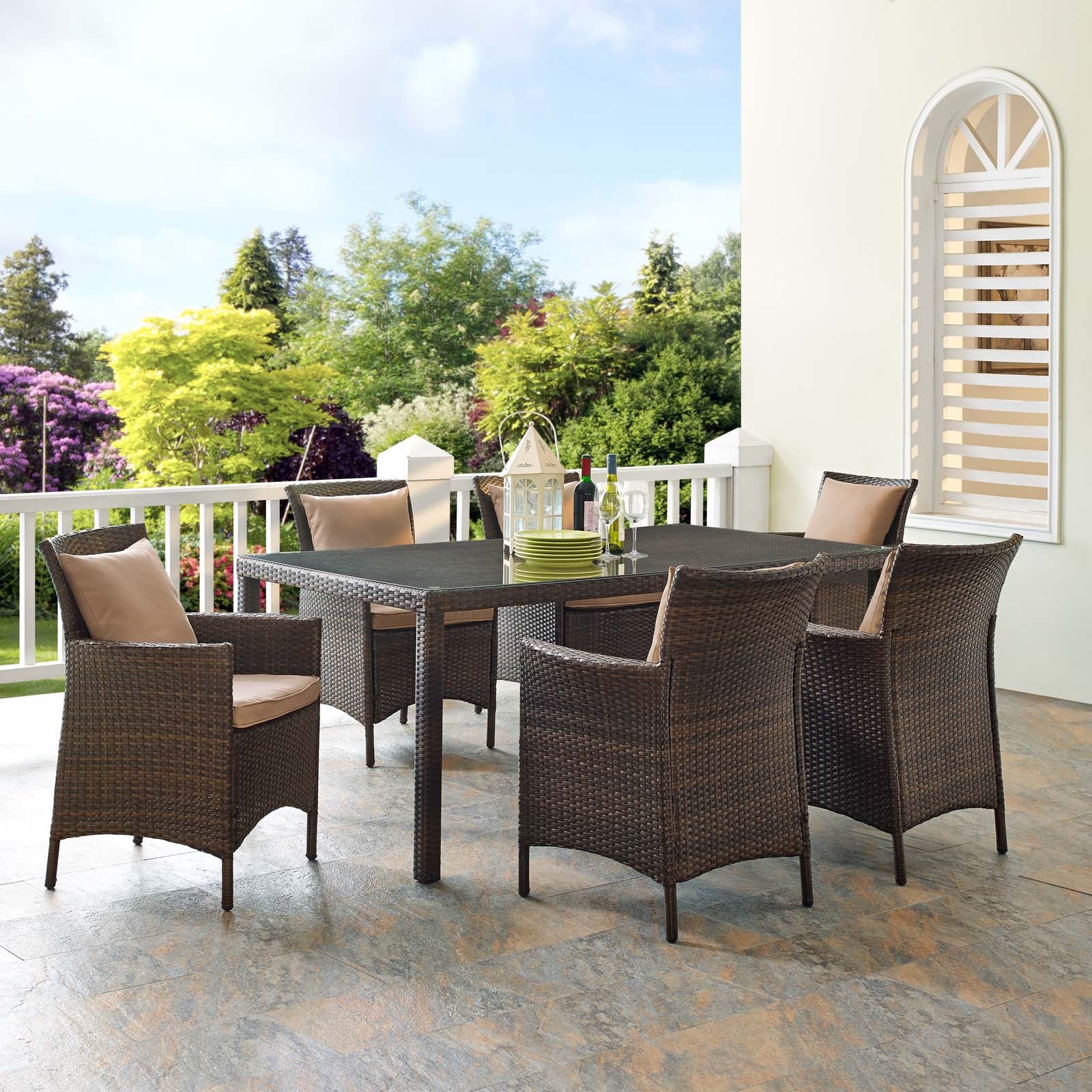 Modway Outdoor Dining Sets - Conduit 7 Piece Outdoor Patio Wicker Rattan Dining Set Brown Mocha