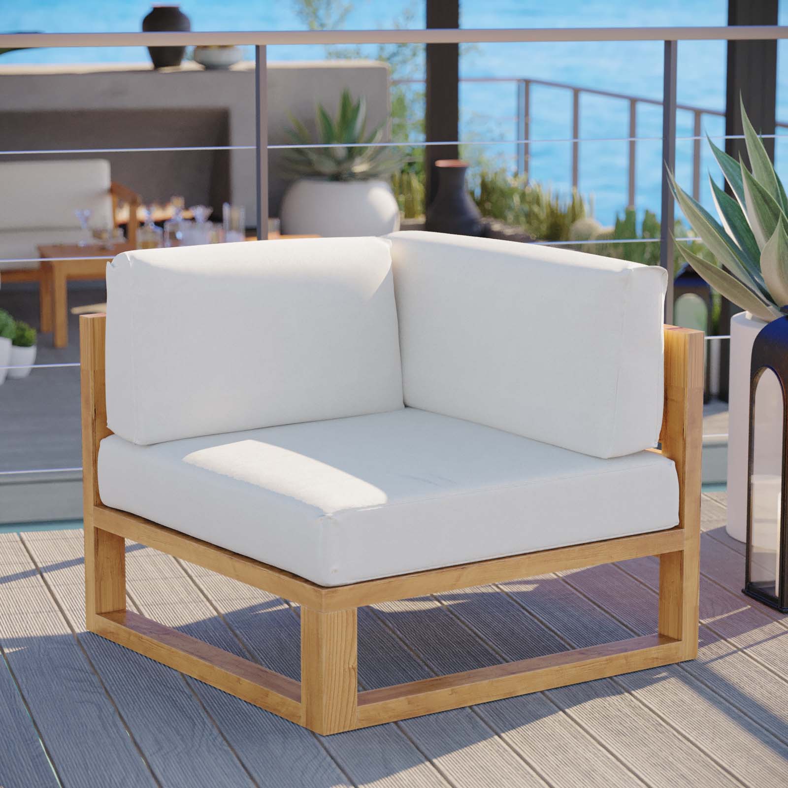 Modway Outdoor Chairs - Upland Outdoor Patio Teak Wood Corner Chair Natural White