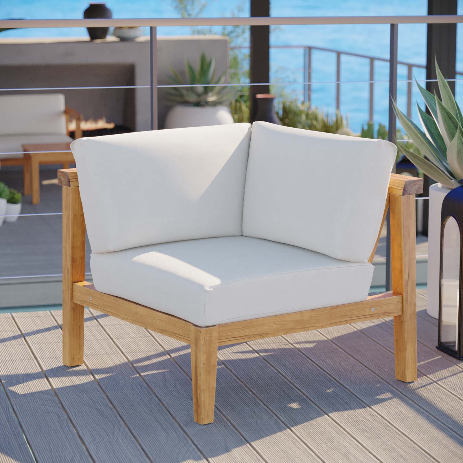 Modway Outdoor Chairs - Bayport Outdoor Patio Teak Wood Corner Chair Natural White