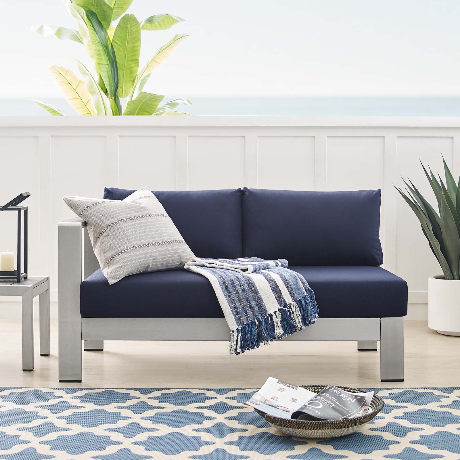 Modway Outdoor Sofas - Shore Sunbrella Fabric Aluminum Outdoor Patio Left-Arm Loveseat Silver Navy