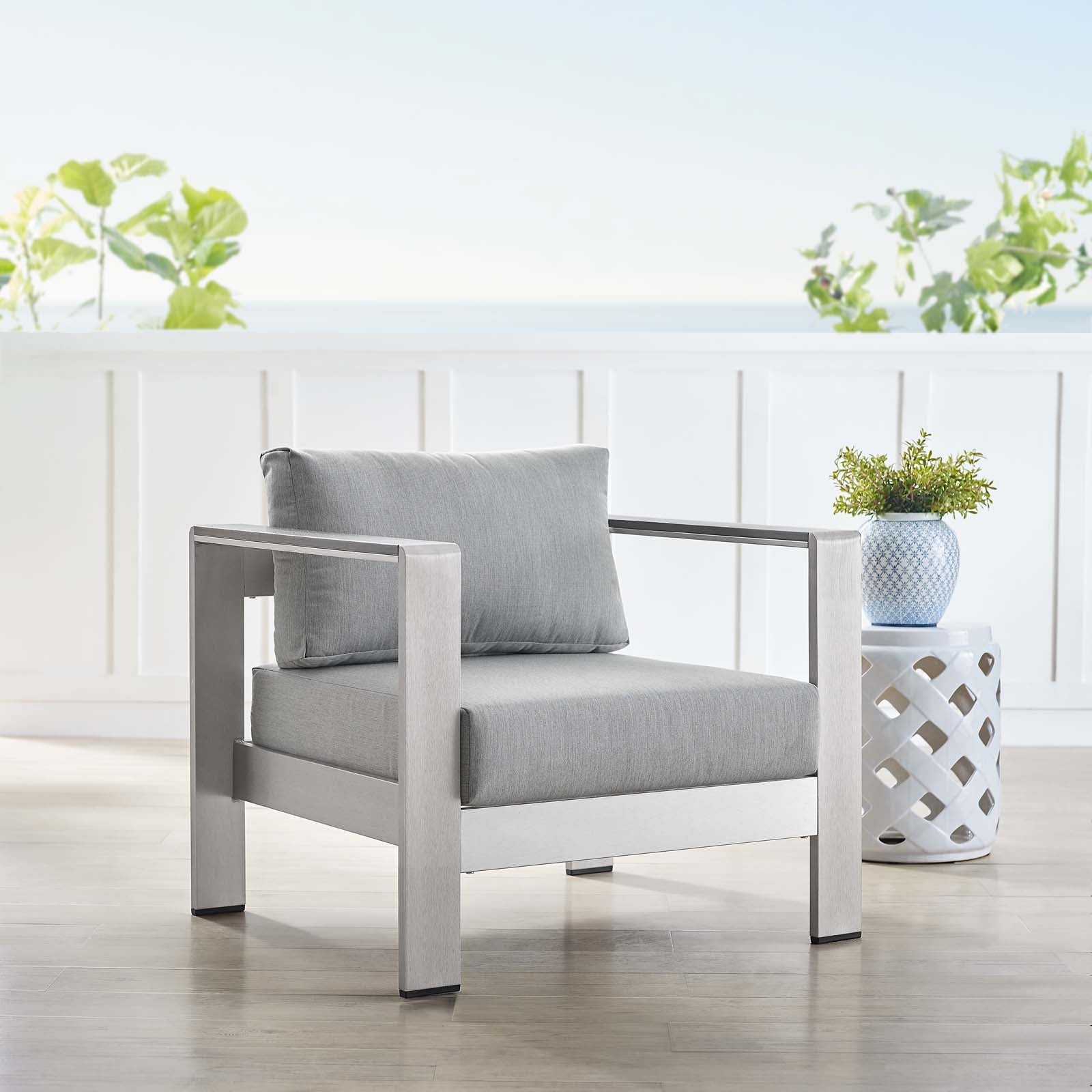 Modway Outdoor Chairs - Shore Sunbrella Fabric Aluminum Outdoor Patio Armchair Silver Gray