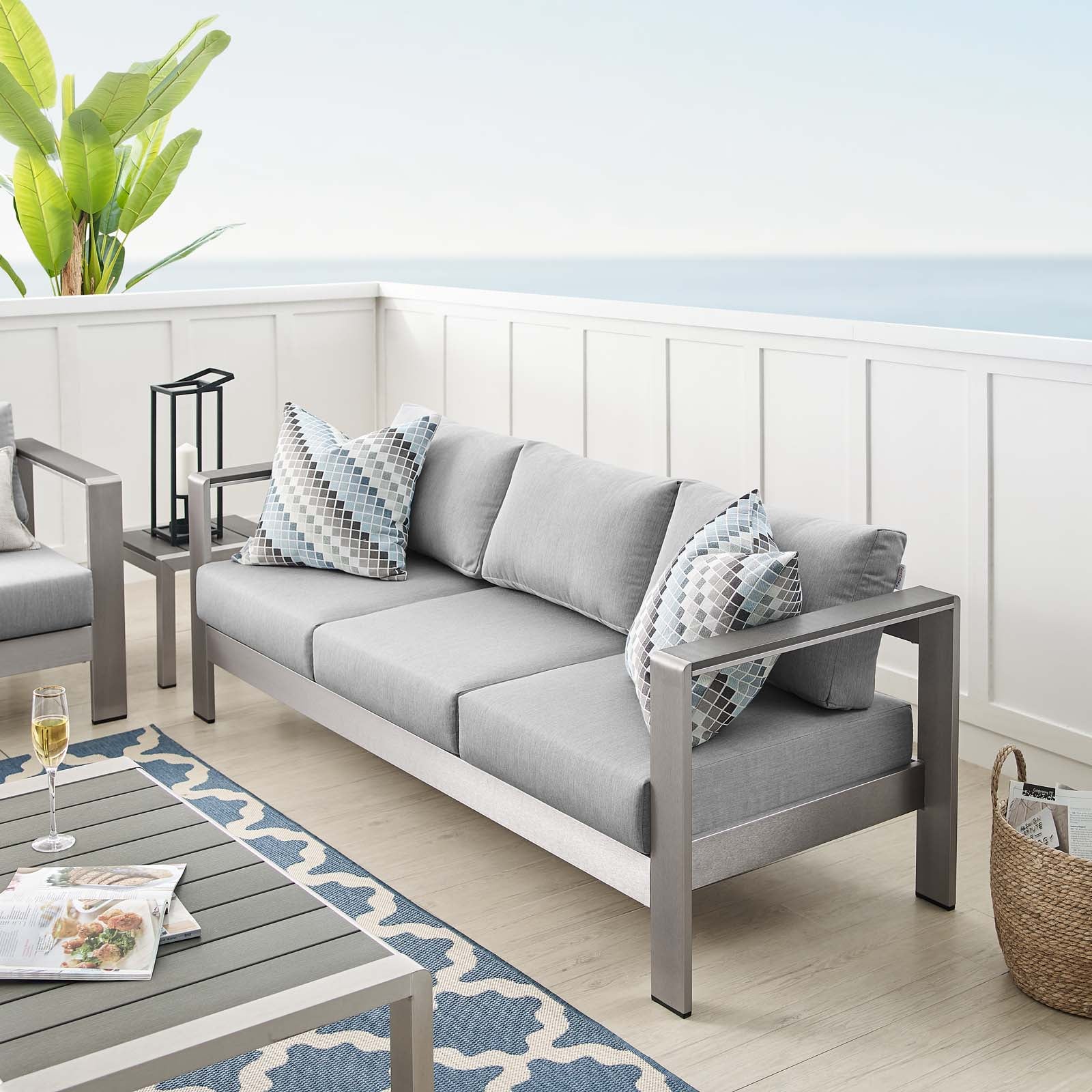 Modway Outdoor Sofas - Shore Sunbrella Fabric Aluminum Outdoor Patio Sofa Silver Gray