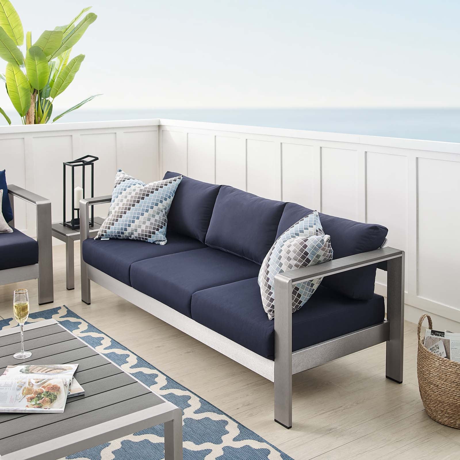 Modway Outdoor Sofas - Shore Sunbrella Fabric Aluminum Outdoor Patio Sofa Silver Navy