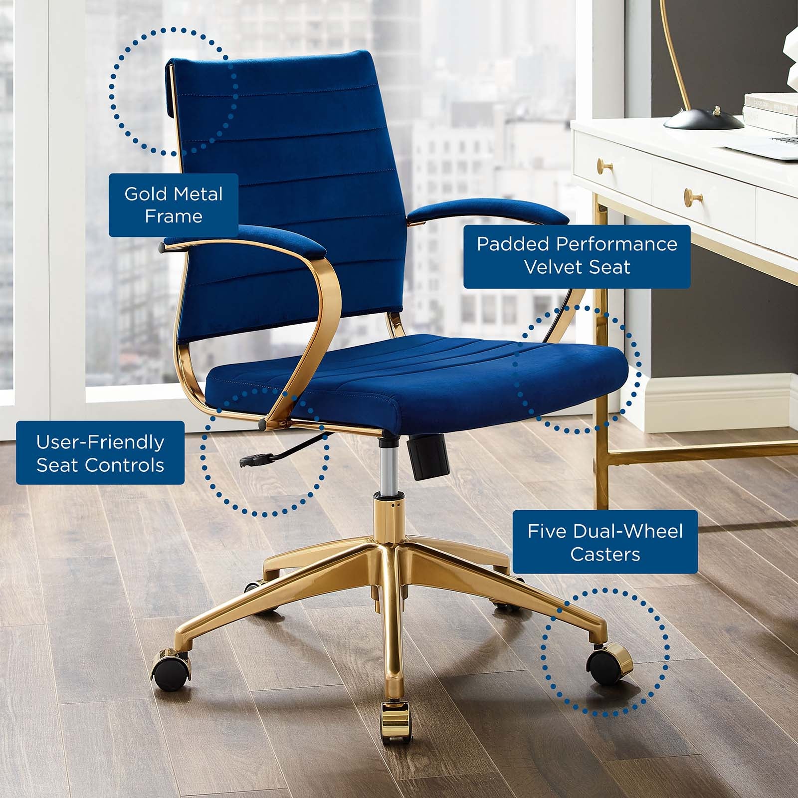 Modway Task Chairs - Jive Mid Back Performance Velvet Office Chair Navy