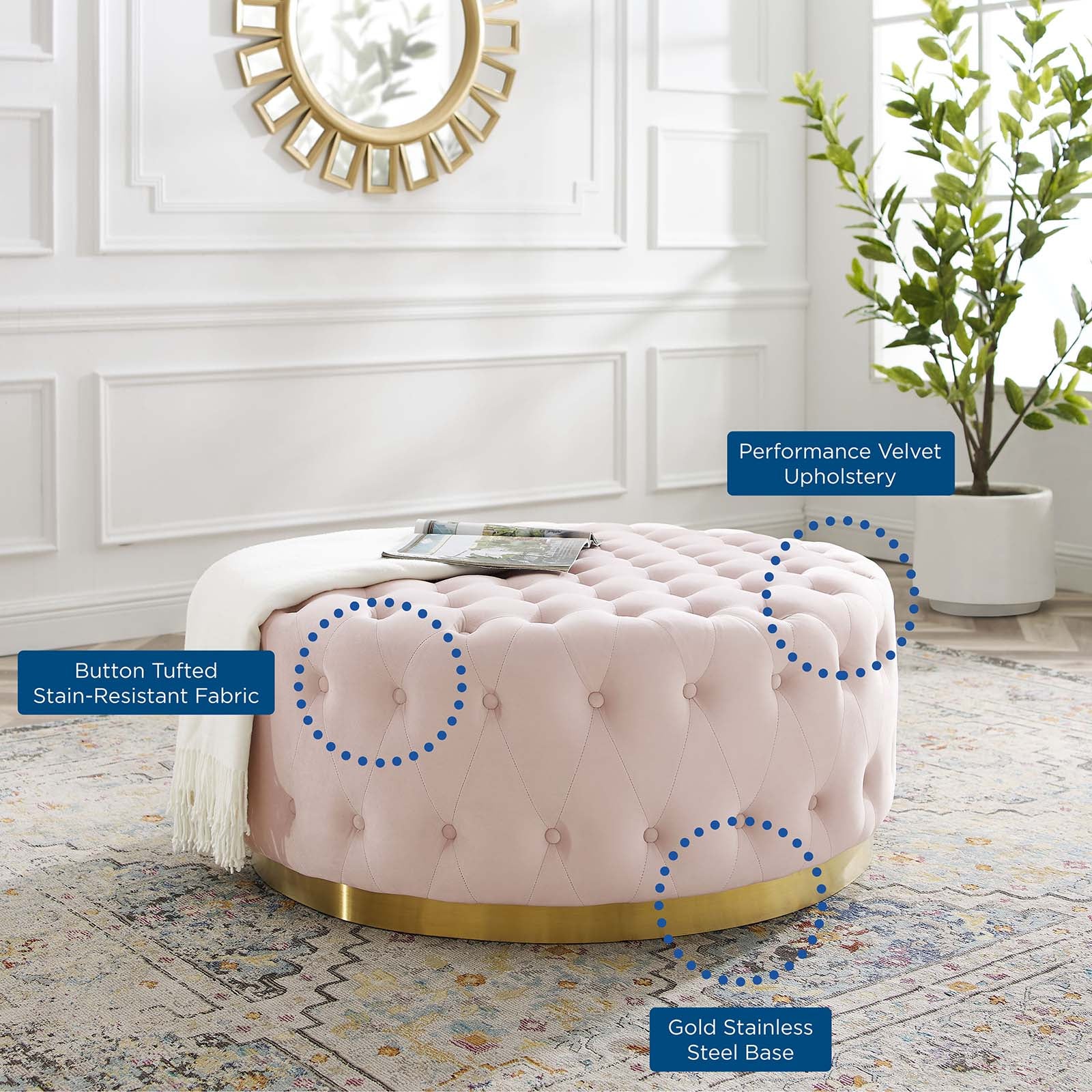 Modway Ottomans & Stools - Ensconce Tufted Performance Velvet Round Ottoman Pink