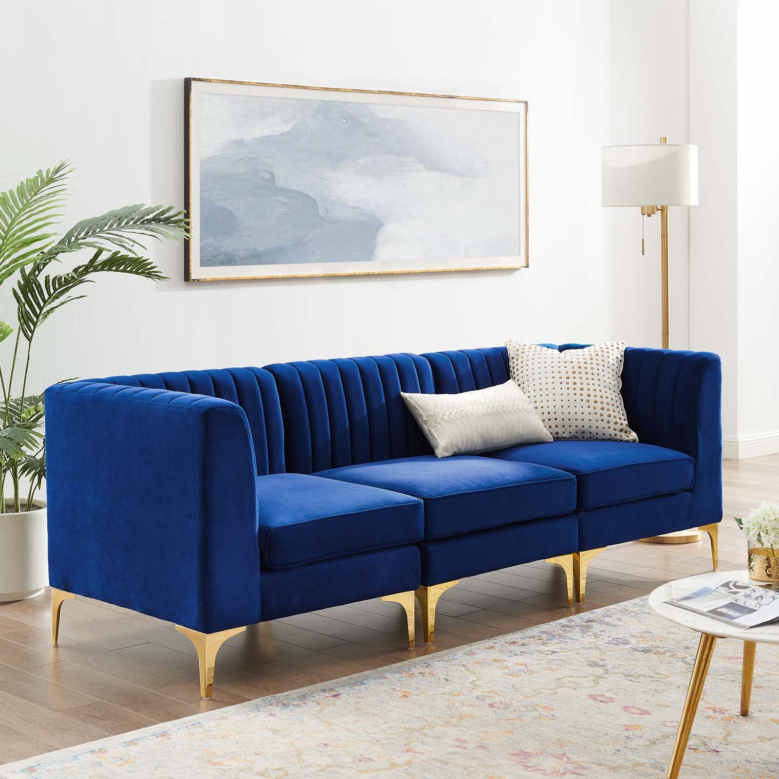 Blue velvet 3 store seater sofa