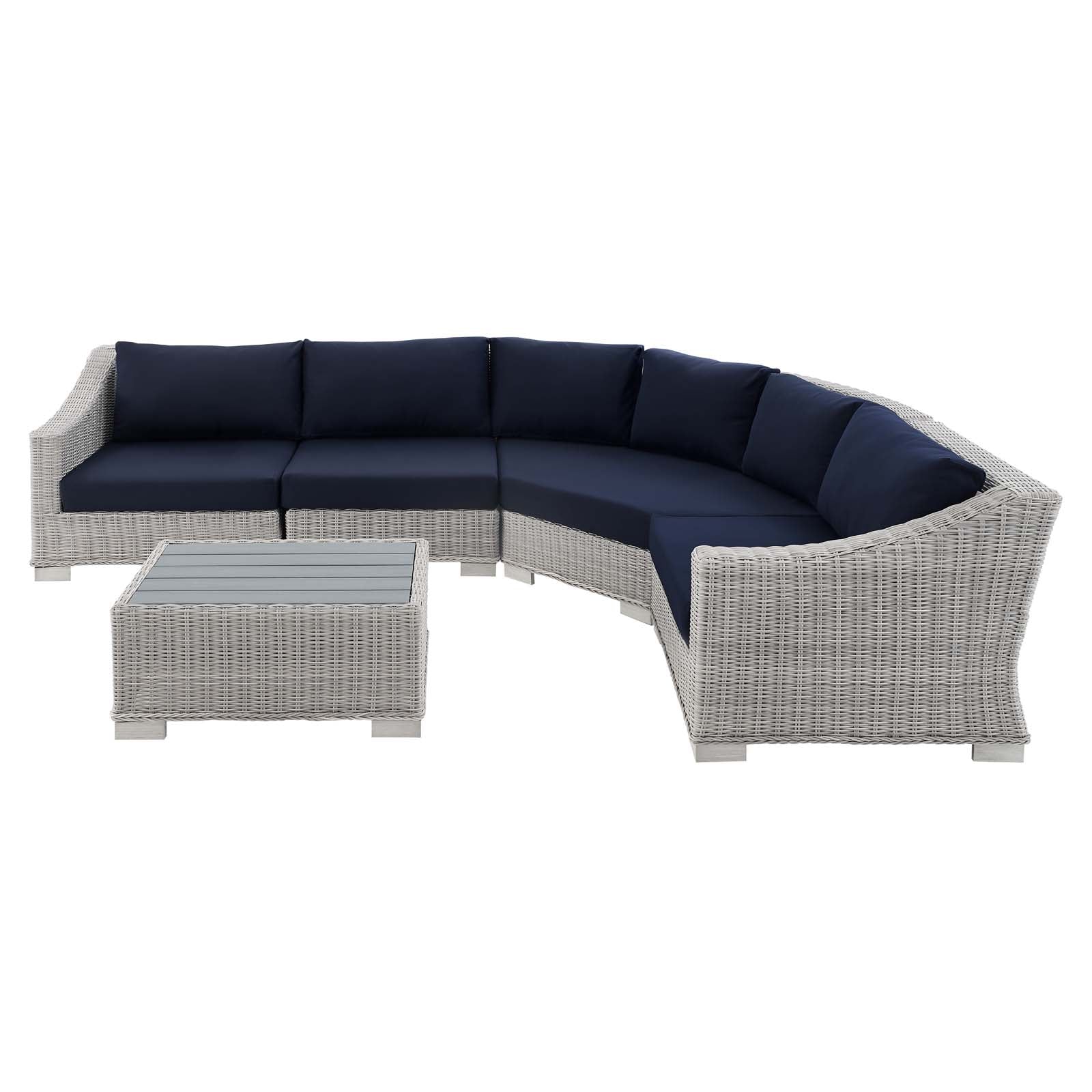 Modway Outdoor Conversation Sets - Conway Sunbrella Outdoor Patio Wicker Rattan 5-Piece Sectional Sofa Set Light Gray Navy