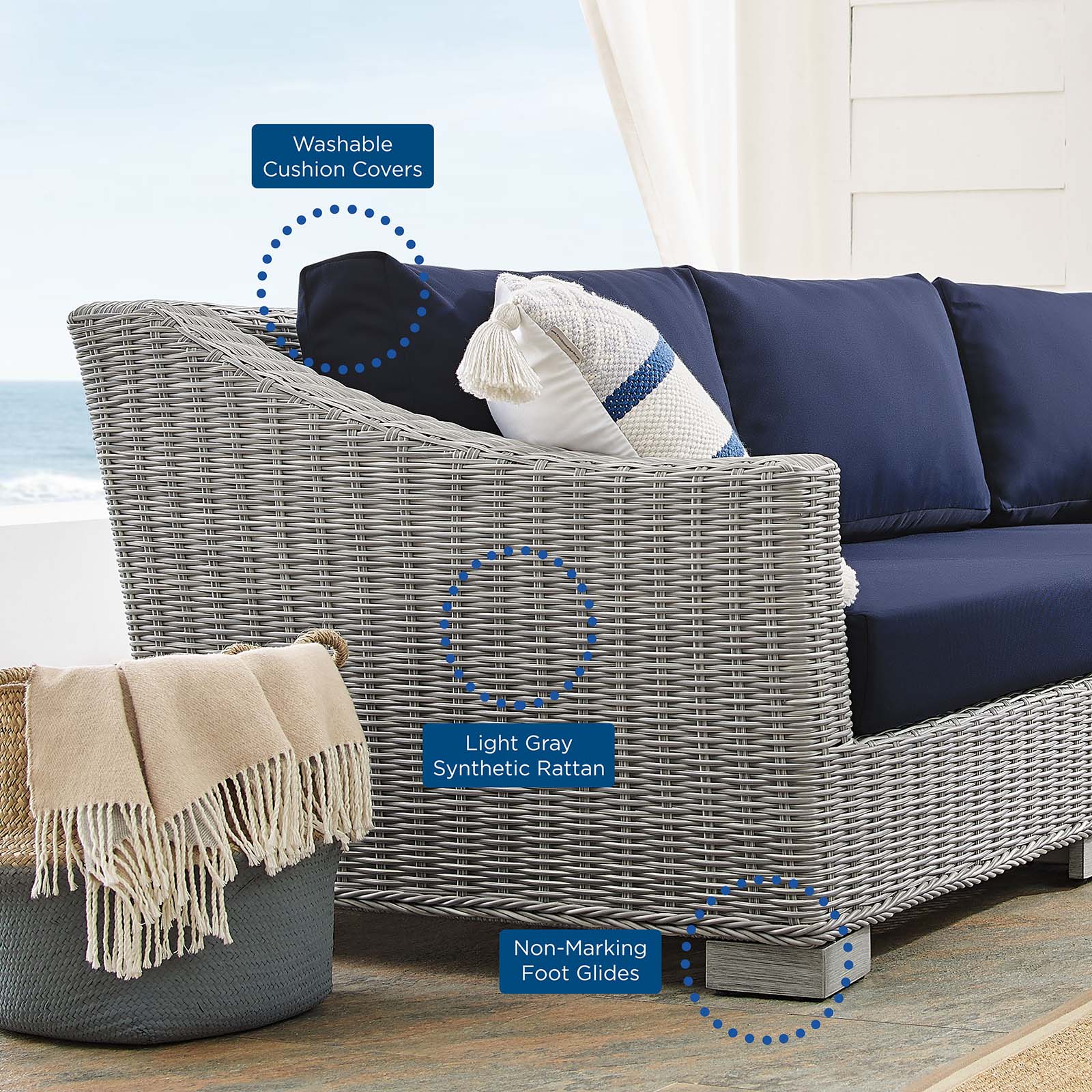 Modway Outdoor Conversation Sets - Conway Sunbrella Outdoor Patio Wicker Rattan 6-Piece Sectional Sofa Set Light Gray Navy