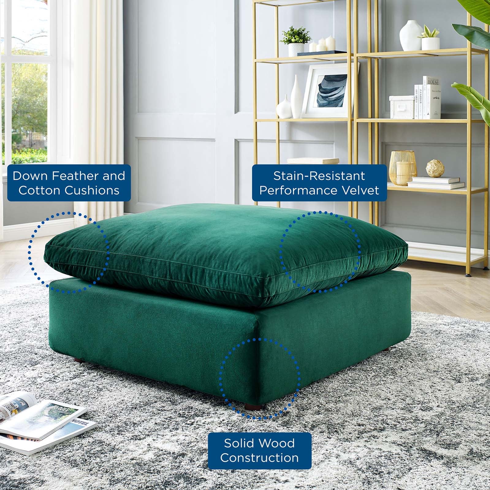 Modway Ottomans & Stools - Commix Down Filled Overstuffed Performance Velvet Ottoman Green