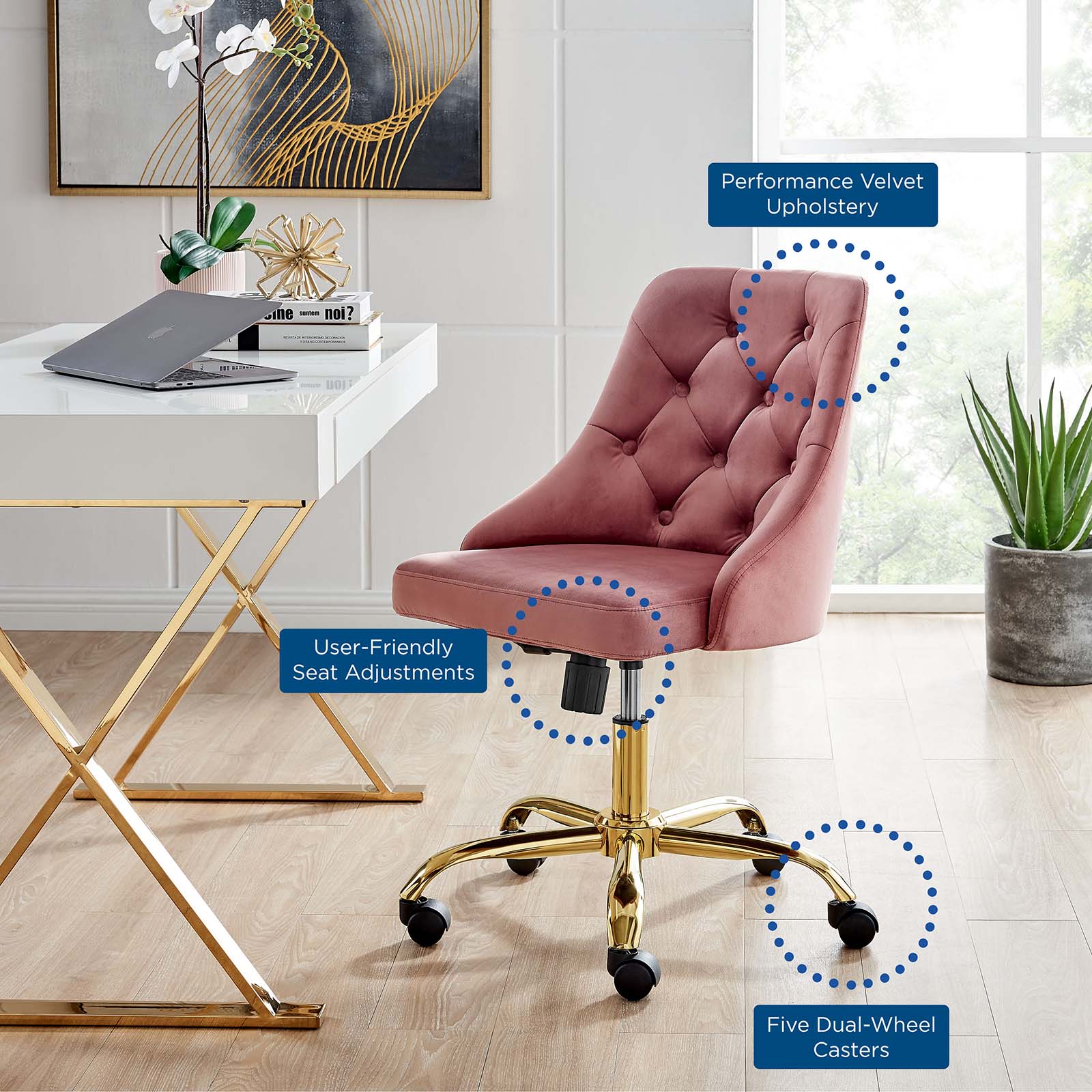 Modway Task Chairs - Distinct Tufted Swivel Performance Velvet Office Chair Gold Dusty Rose