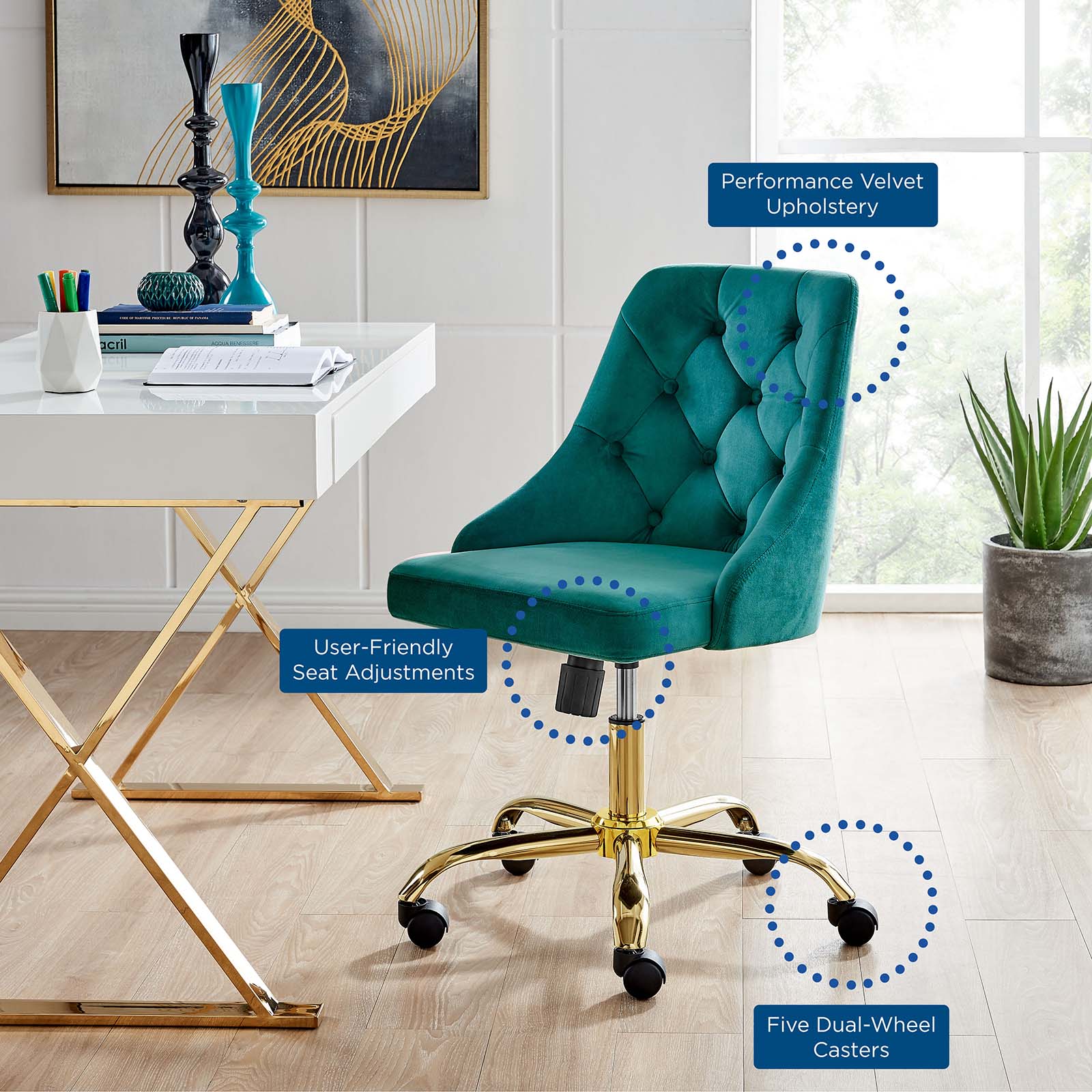 Modway Task Chairs - Distinct Tufted Swivel Performance Velvet Office Chair Gold Teal