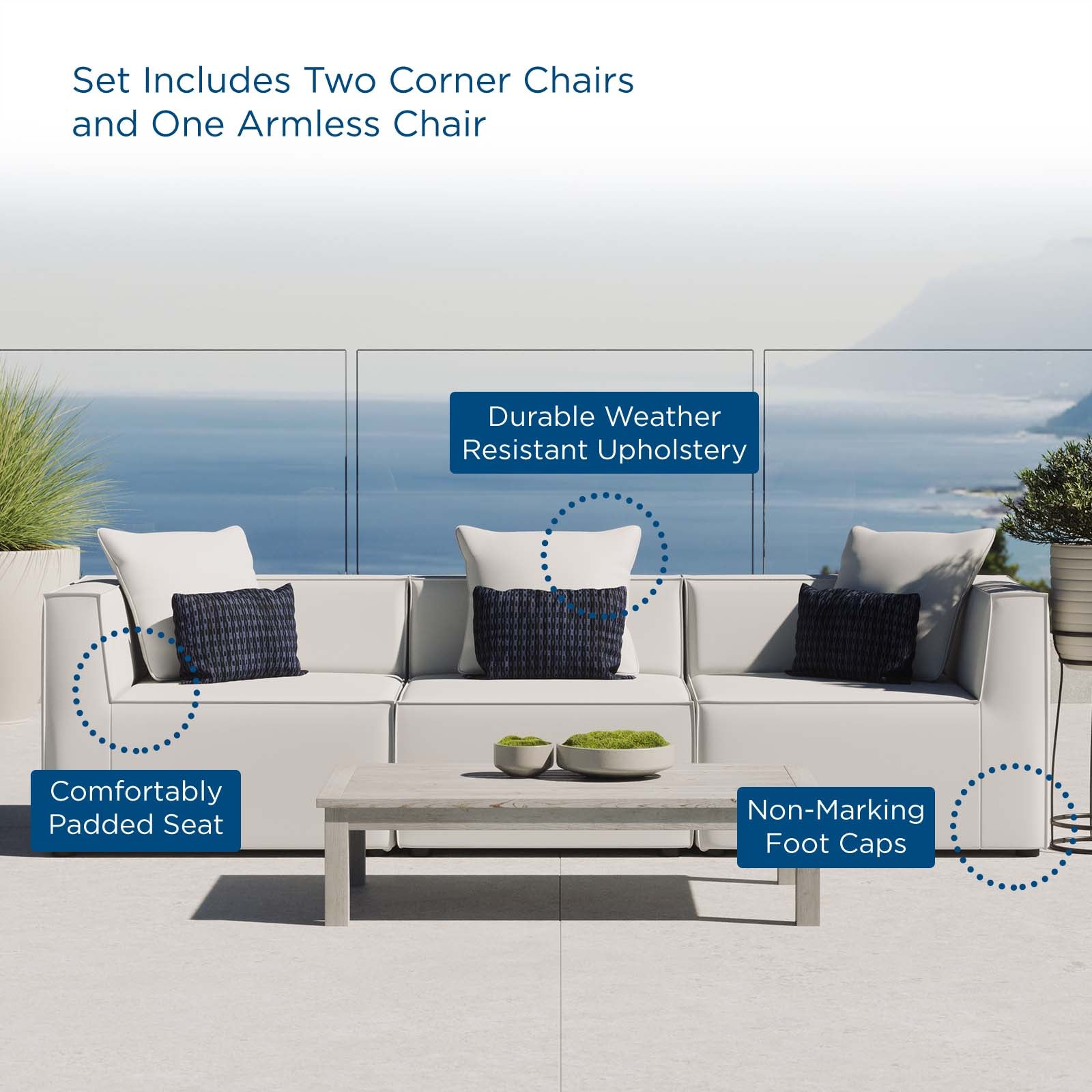 Modway Outdoor Sofas - Saybrook Outdoor Patio 3-Piece Sectional Sofa White