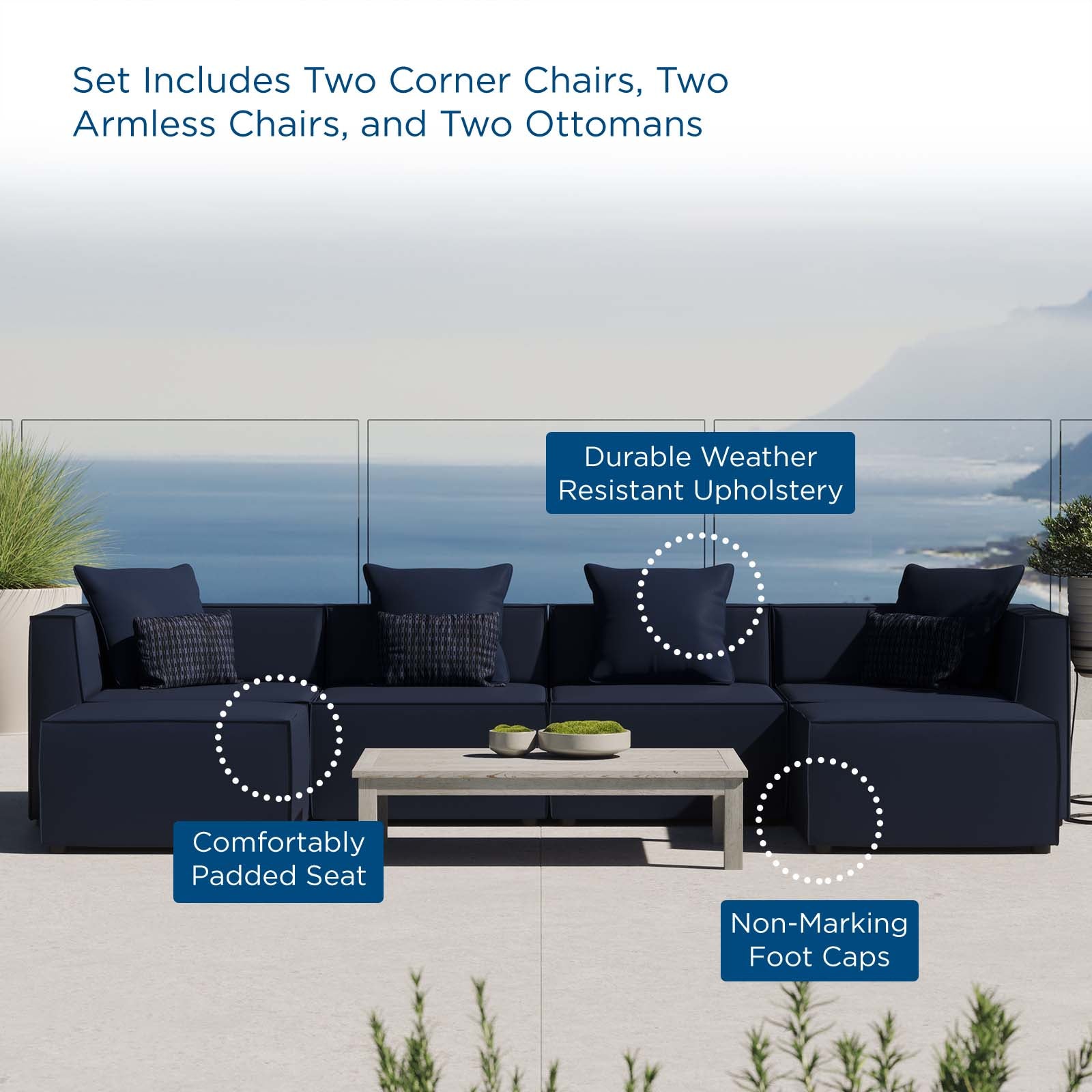 Modway Outdoor Sofas - Saybrook 64" Outdoor Patio Upholstered 6-Piece Sectional Sofa Navy