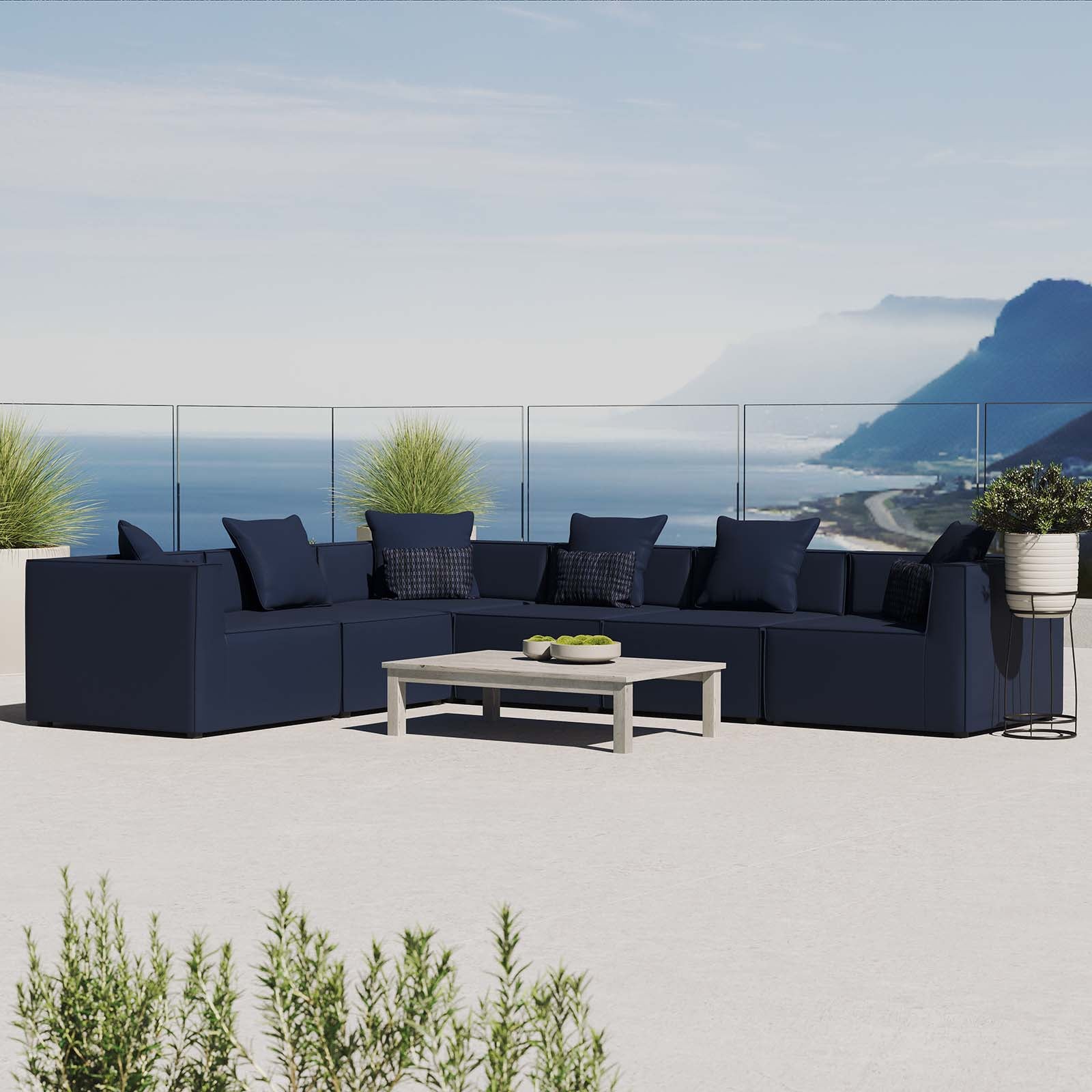 Modway Outdoor Sofas - Saybrook 138" Outdoor Patio Upholstered 6-Piece Sectional Sofa Navy