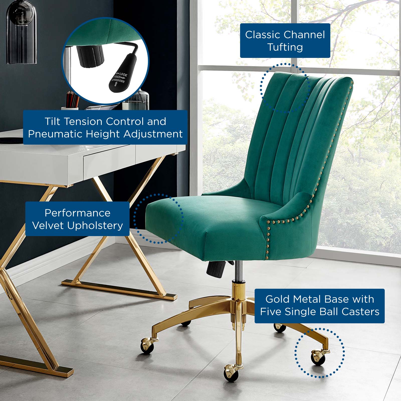 Modway Task Chairs - Empower Channel Tufted Performance Velvet Office Chair Gold Teal