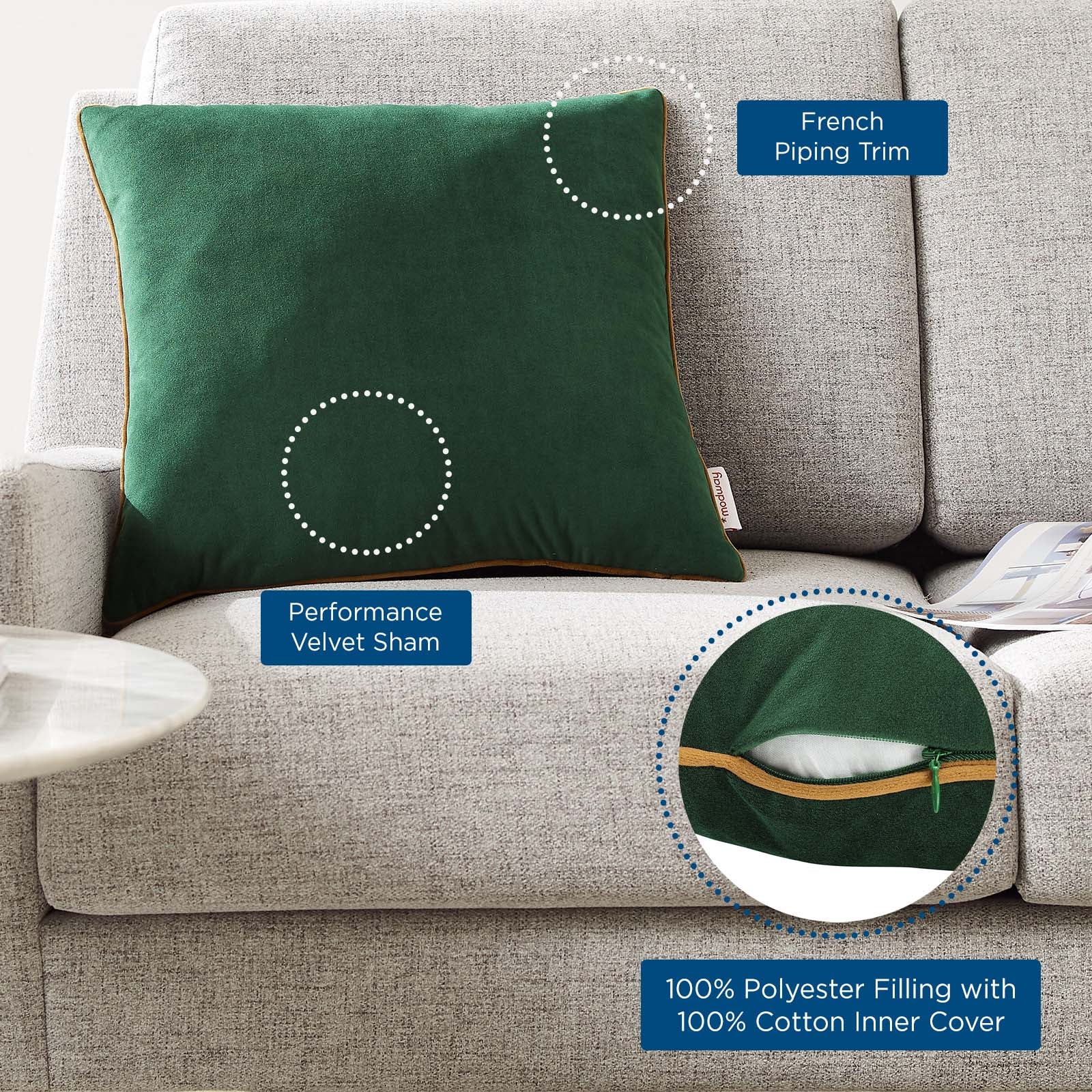 Modway Pillows & Throws - Accentuate 18" Performance Velvet Throw Pillow Green Cognac