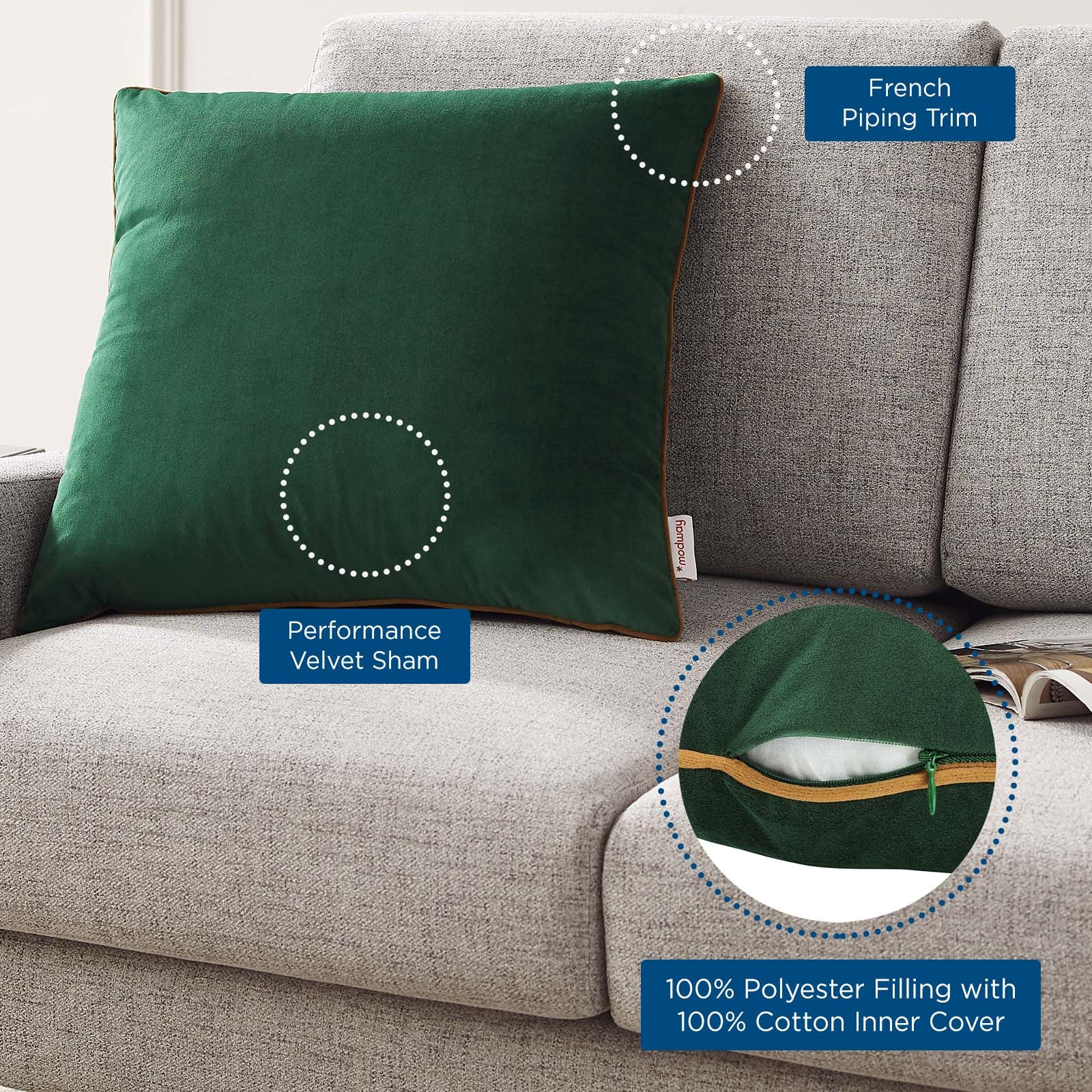 Modway Pillows & Throws - Accentuate 20" Performance Velvet Throw Pillow Green Cognac