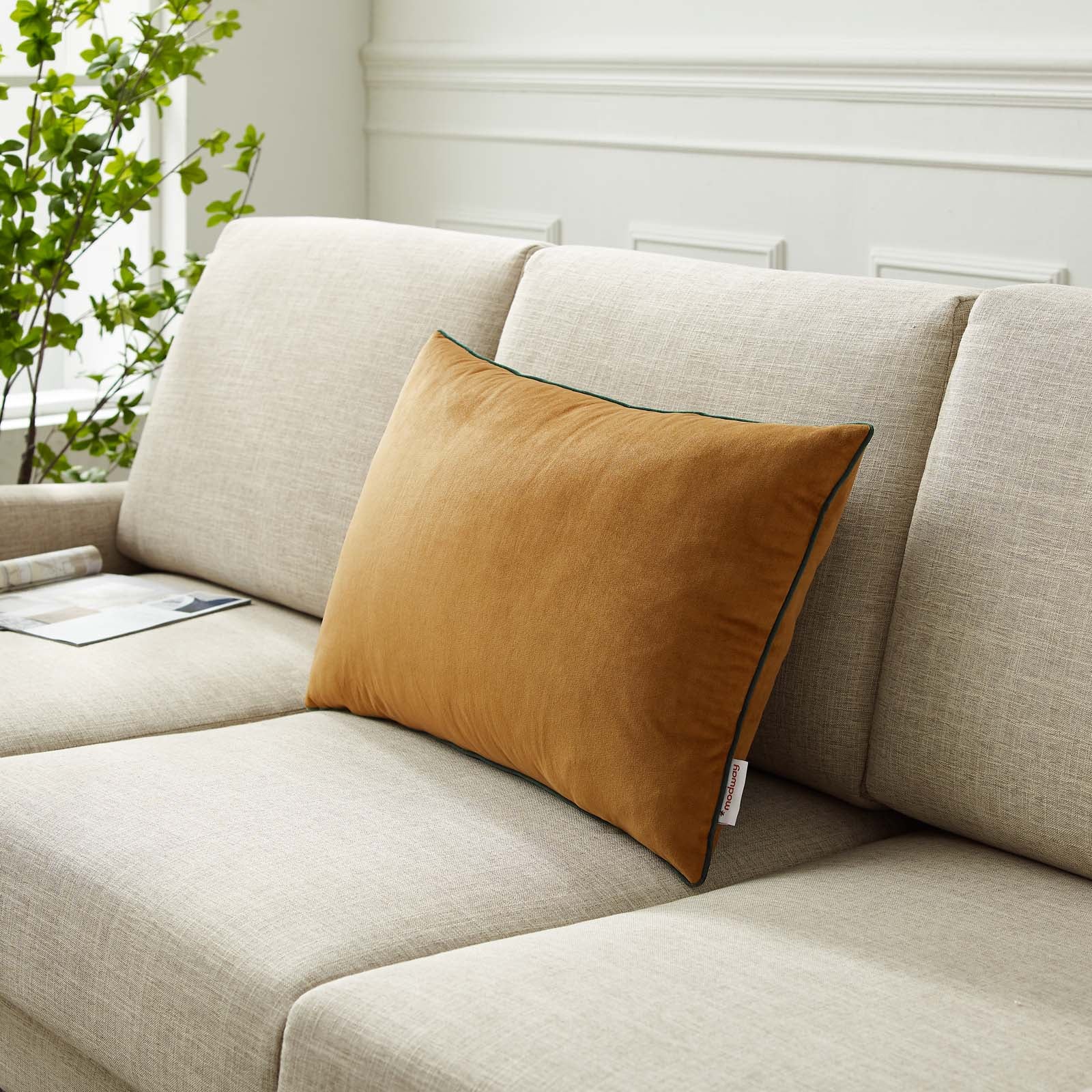 Modway Pillows & Throws - Accentuate 24" Lumbar Performance Velvet Throw Pillow Cognac Green