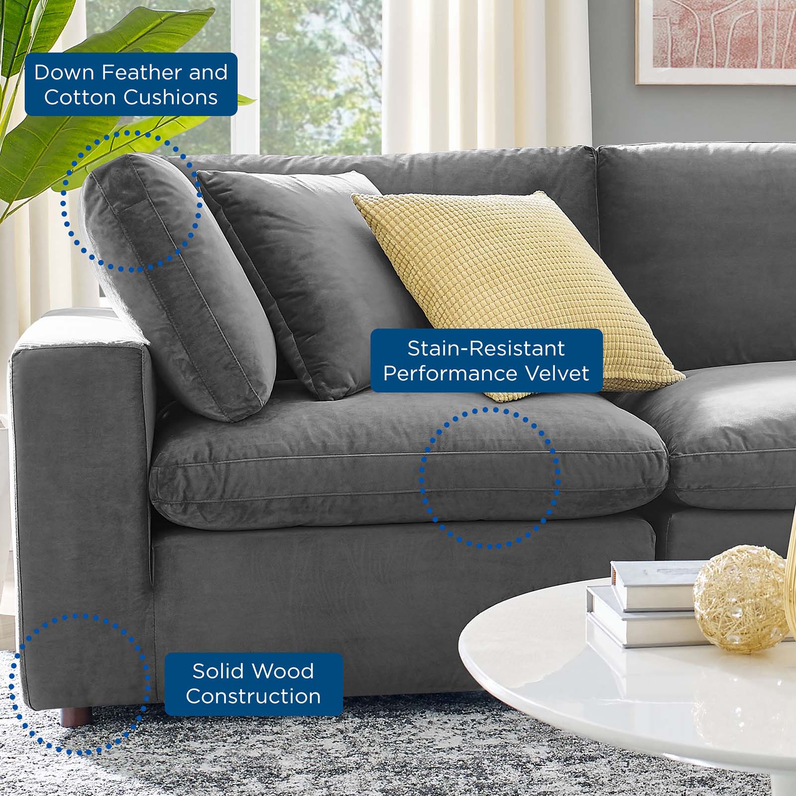 Modway Sectional Sofas - Commix Down Filled Overstuffed Performance Velvet 4-Piece Sectional Sofa Gray