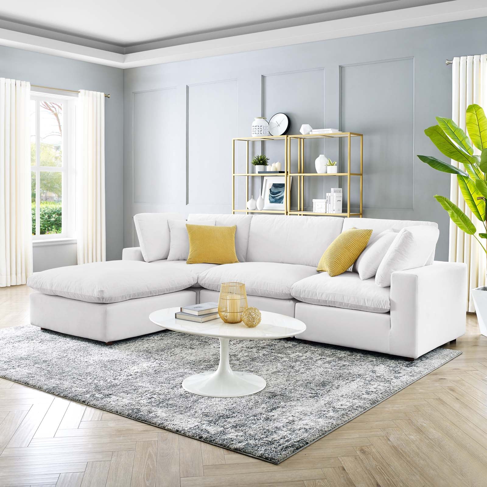 Modway Sectional Sofas - Commix Down Filled Overstuffed Performance Velvet 4-Piece Sectional Sofa White