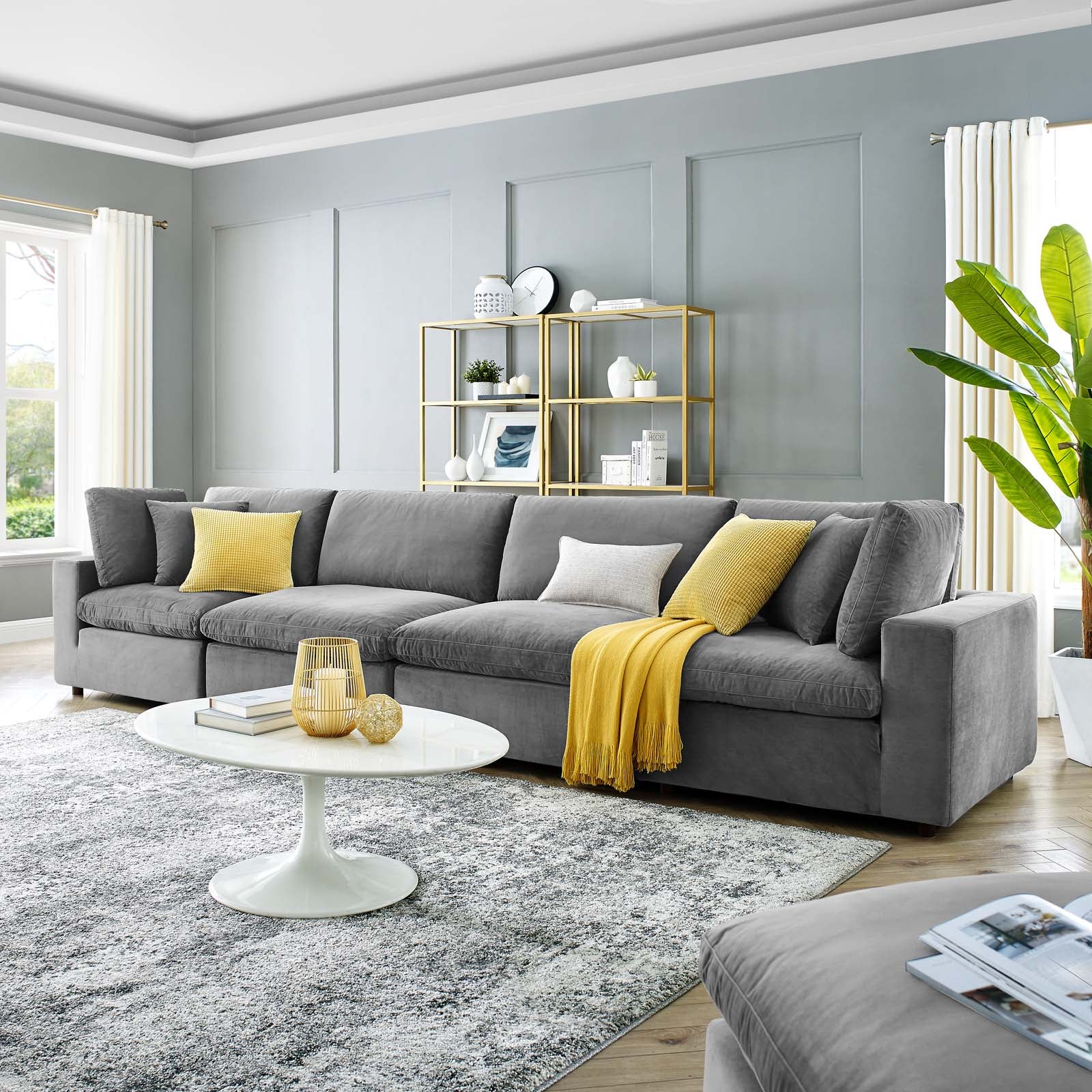 Modway Sectional Sofas - Commix Down Filled Overstuffed Performance Velvet 4-Seater Sofa Gray