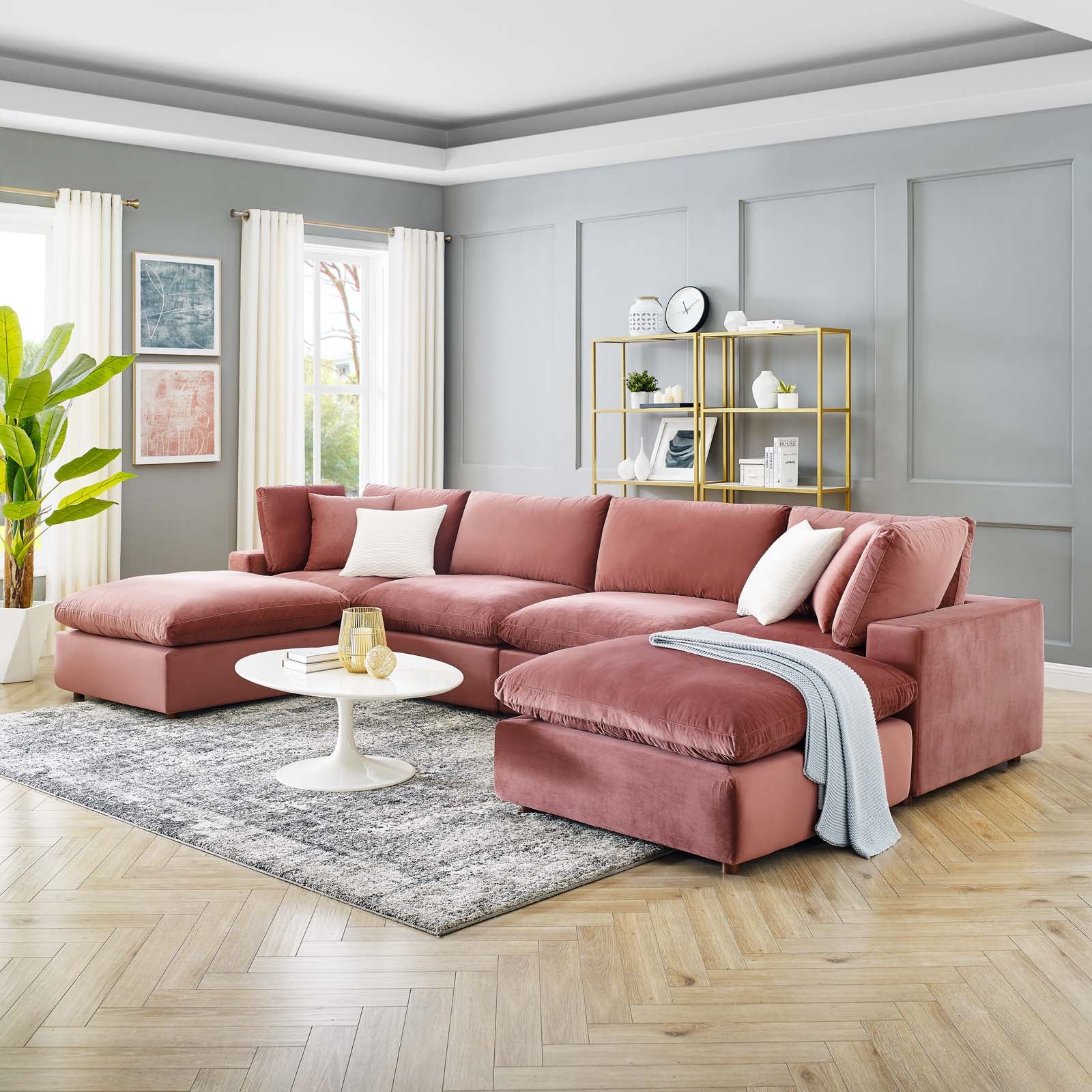 Modway Sectional Sofas - Commix Down Filled Overstuffed Performance Velvet 6-Piece 35 " H Sectional Sofa Dusty Rose