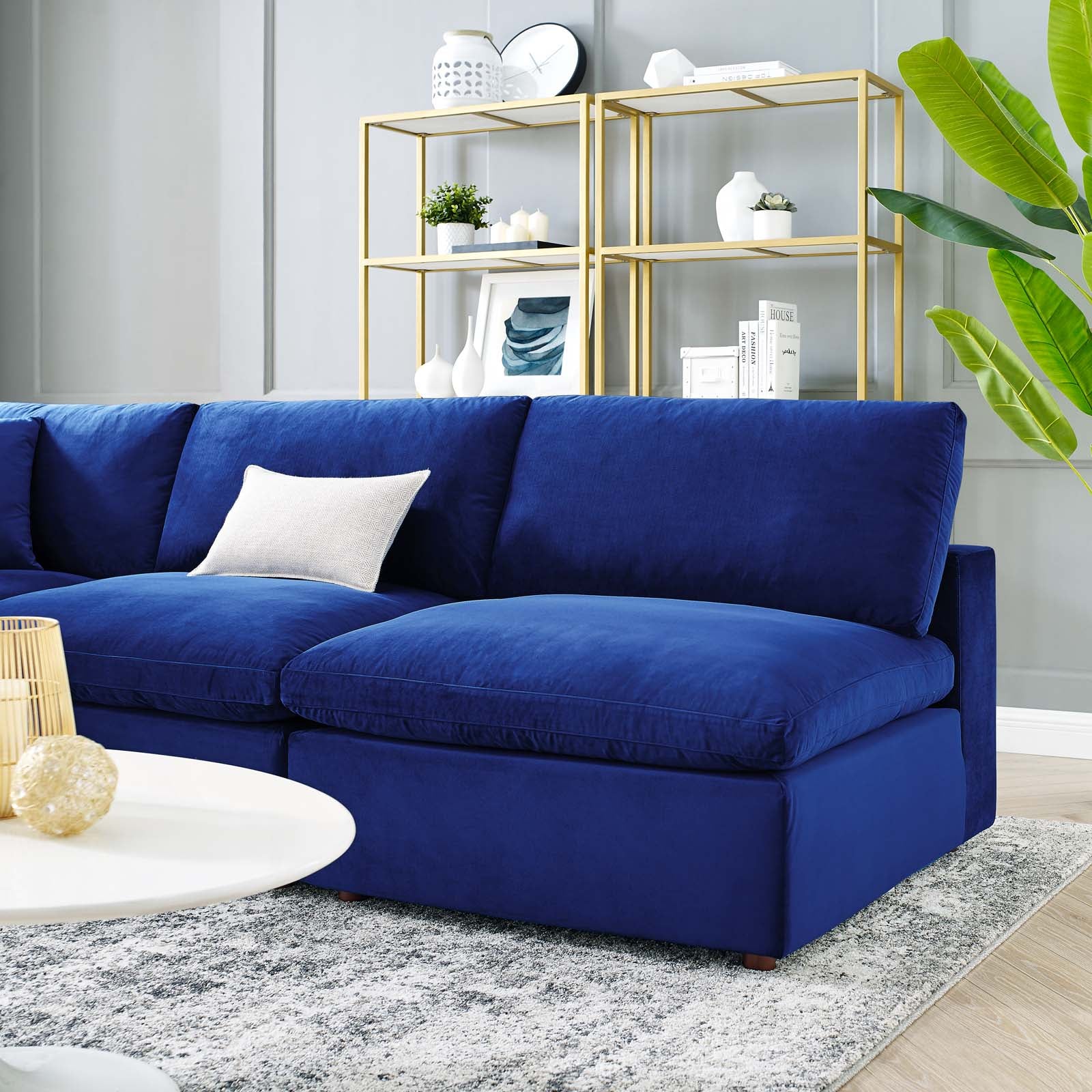 Modway Sectional Sofas - 118" Commix Down Filled Overstuffed Performance Velvet 5-Piece Sectional Sofa Navy