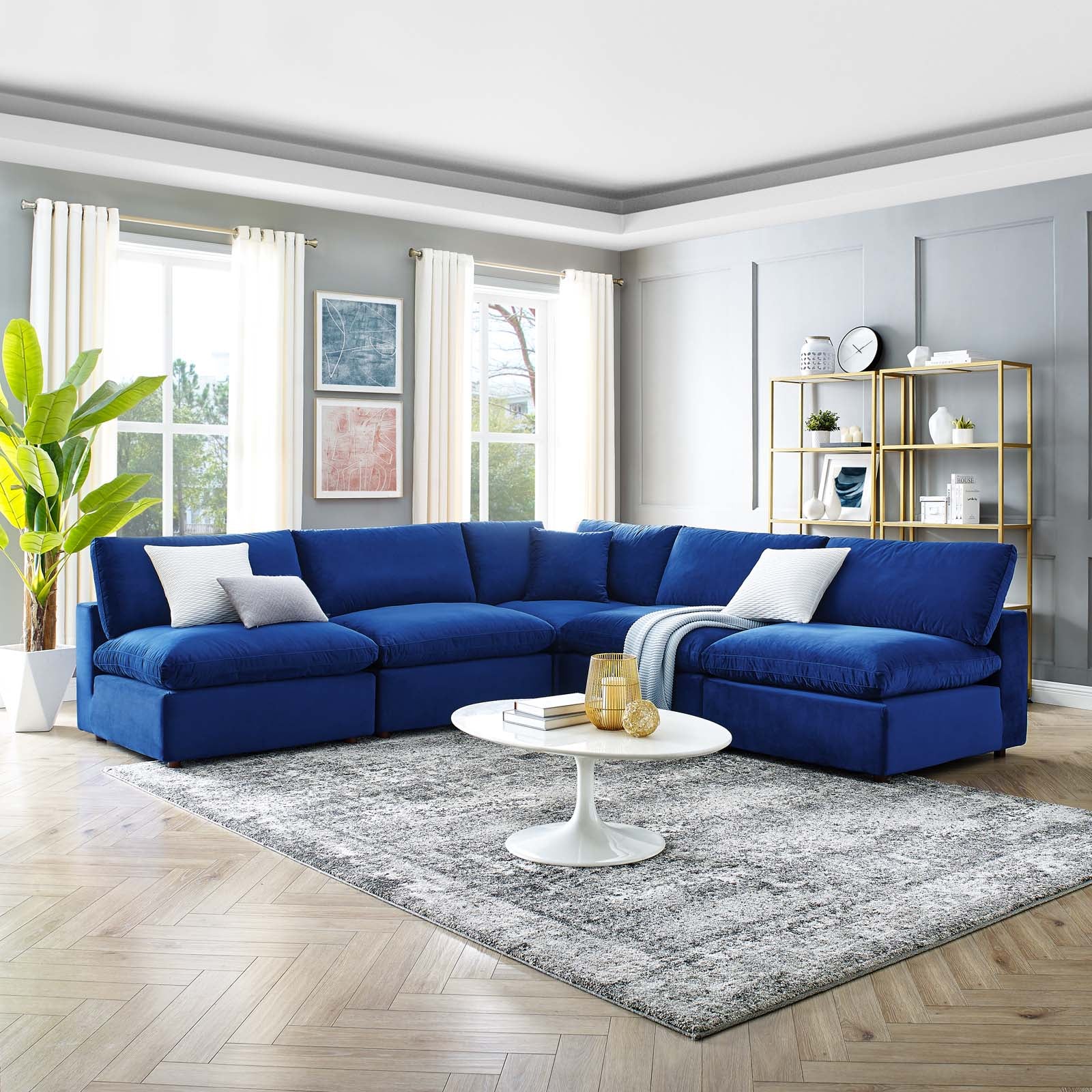 Modway Sectional Sofas - 118" Commix Down Filled Overstuffed Performance Velvet 5-Piece Sectional Sofa Navy