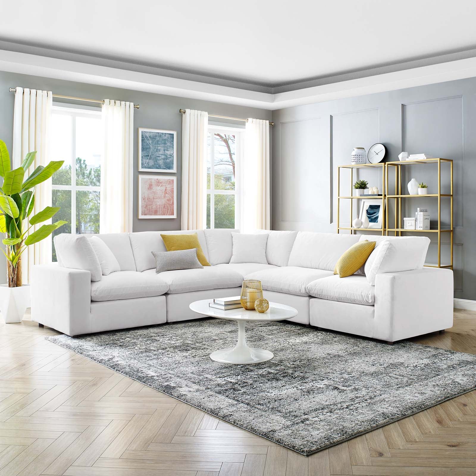 Modway Sectional Sofas - Commix Down Filled Overstuffed Performance Velvet 5-Piece Sectional Sofa White