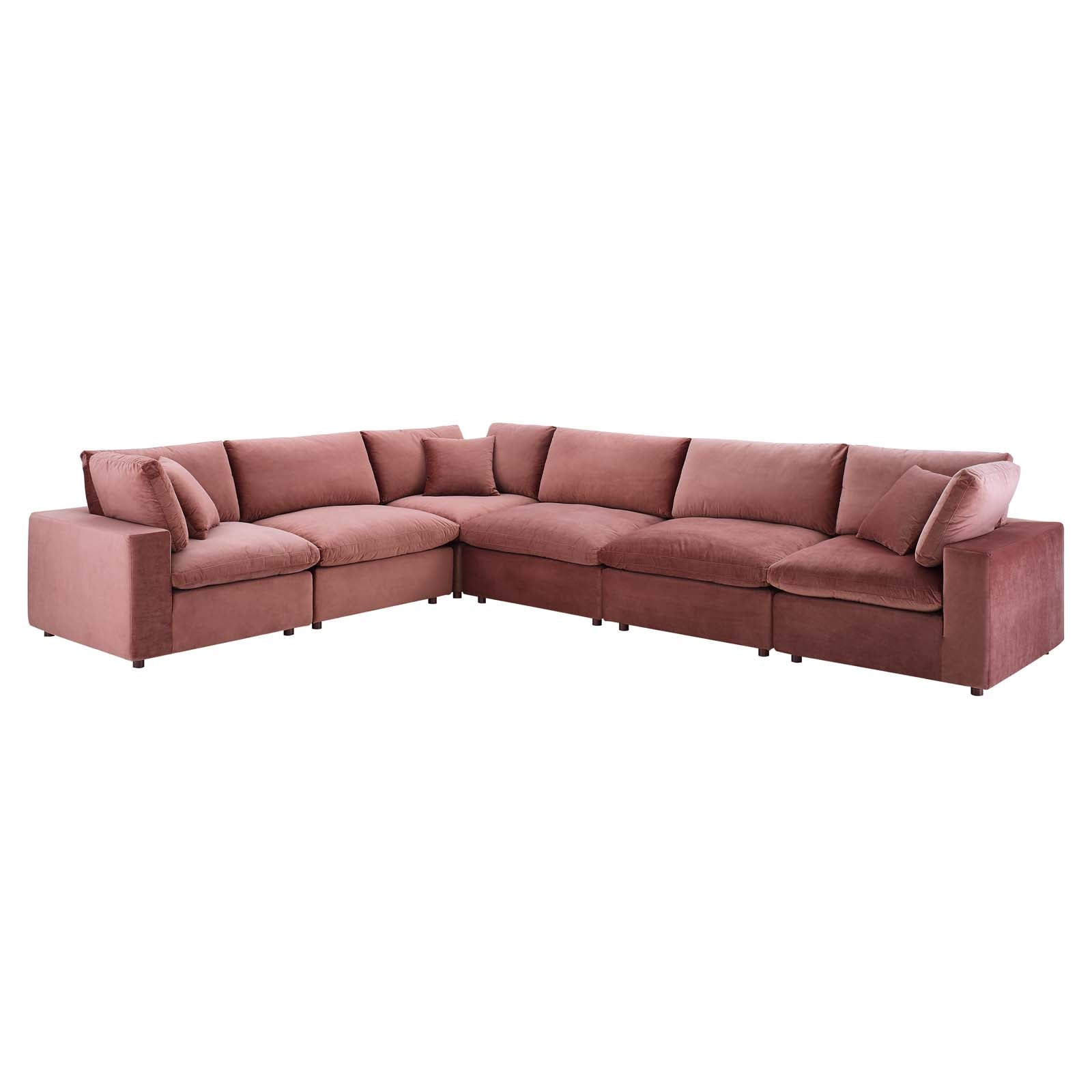 Modway Sectional Sofas - Commix Down Filled Overstuffed Performance Velvet 6-Piece Sectional Sofa Dusty Rose