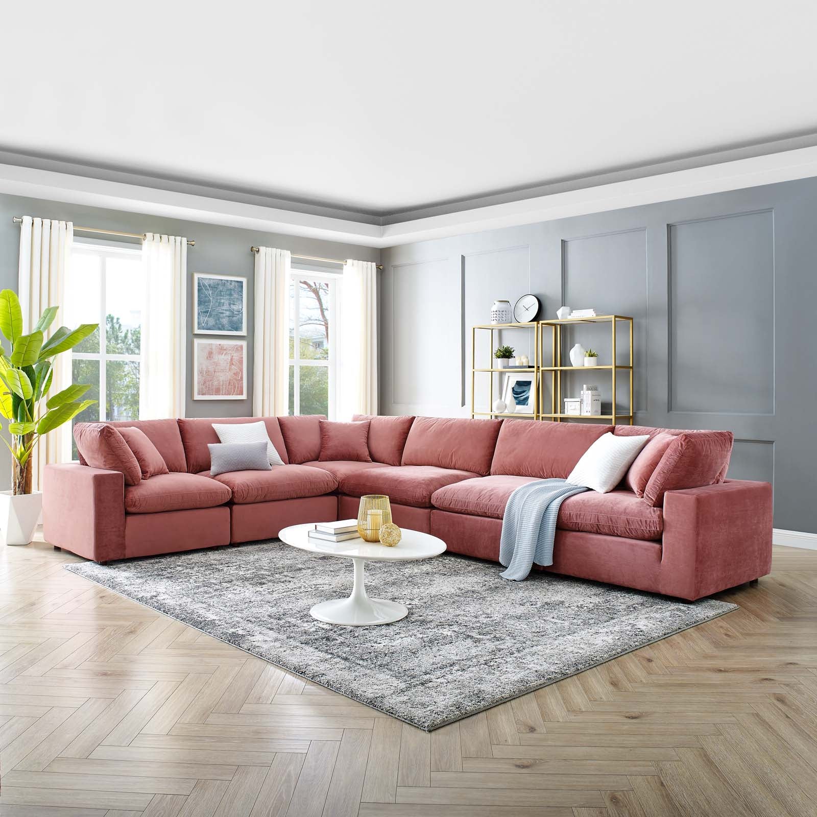 Modway Sectional Sofas - Commix Down Filled Overstuffed Performance Velvet 6-Piece Sectional Sofa Dusty Rose