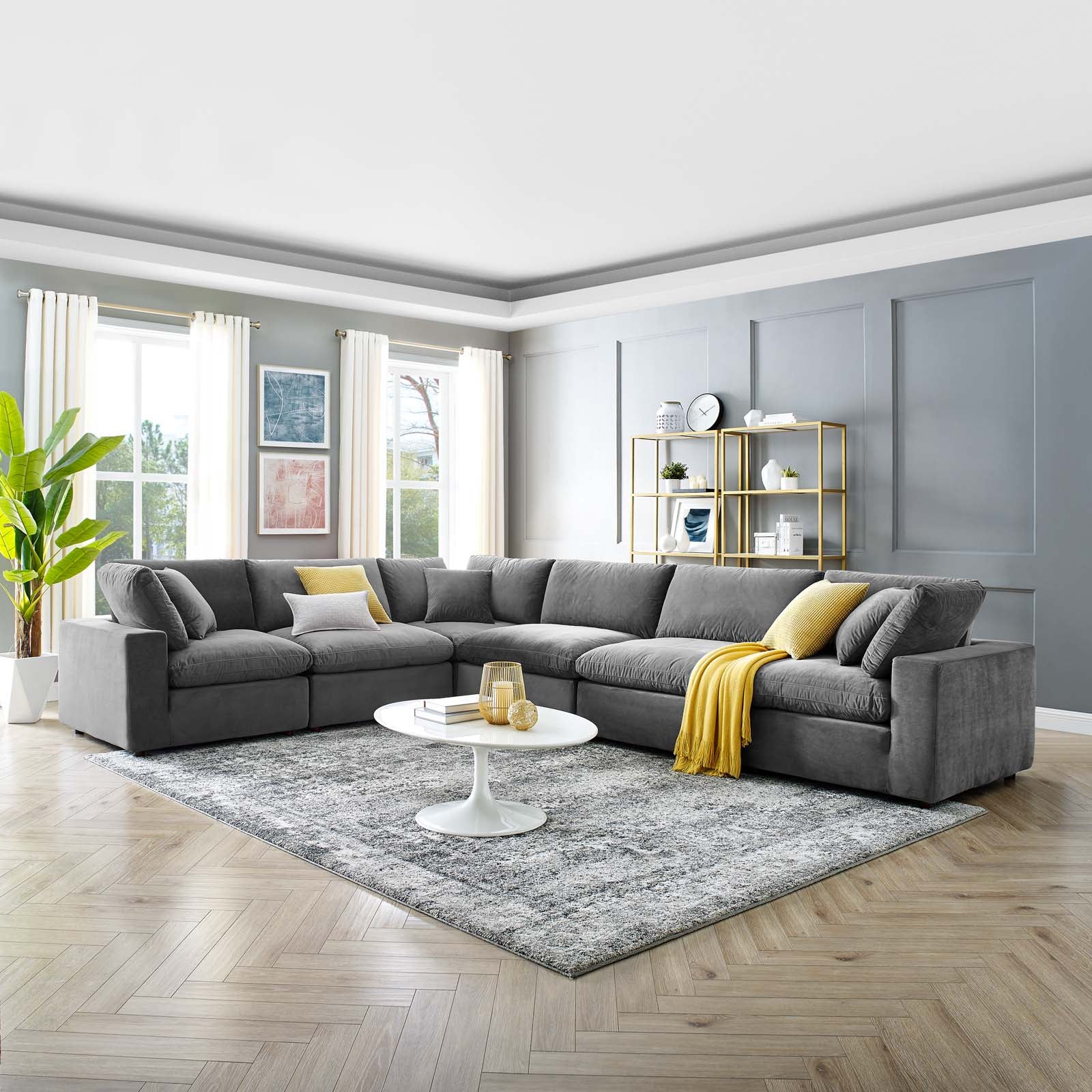 Modway Sectional Sofas - Commix Down Filled Overstuffed Performance Velvet 6-Piece Sectional Sofa Gray