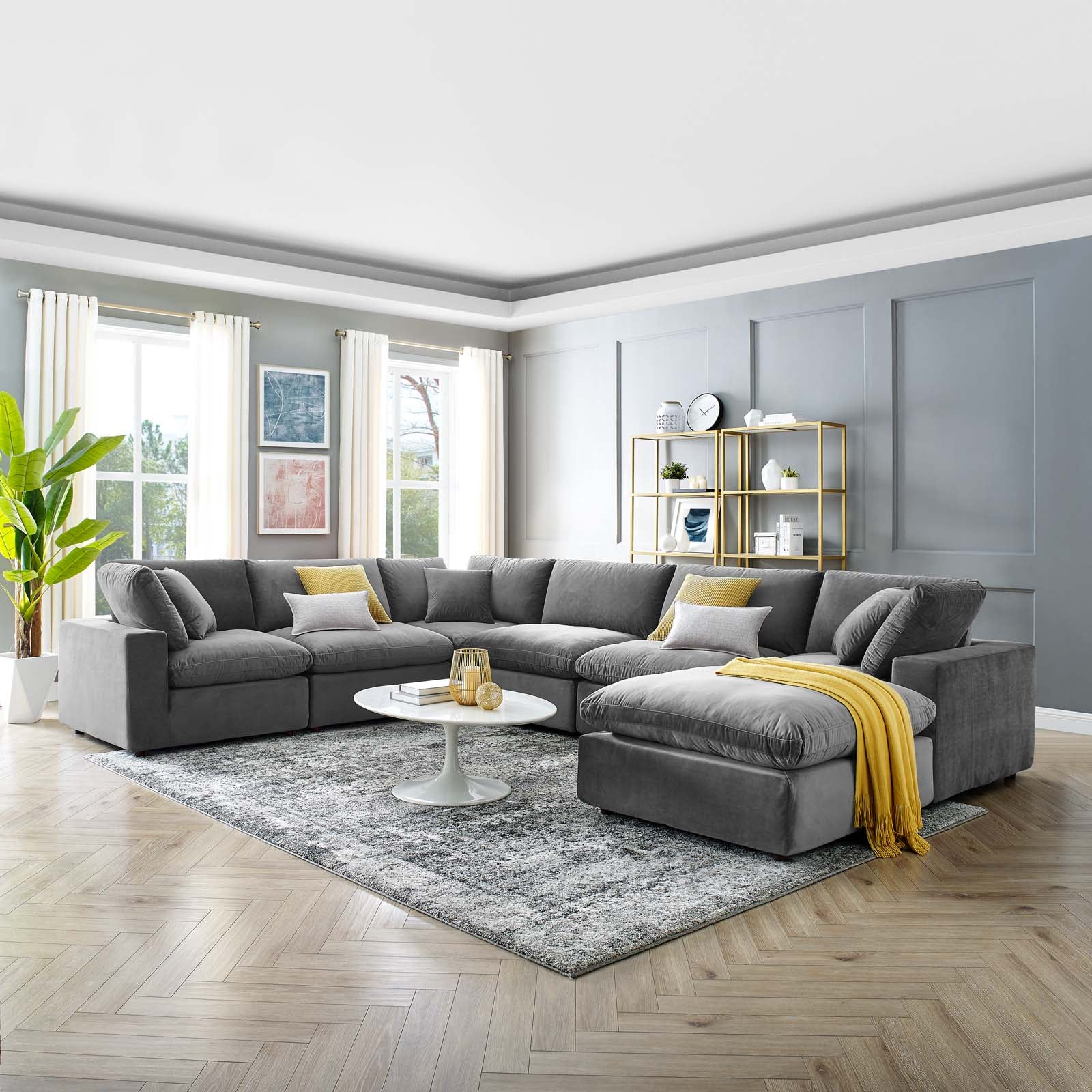 Modway Sectional Sofas - Commix Down Filled Overstuffed Performance Velvet 7-Piece Sectional Sofa Gray