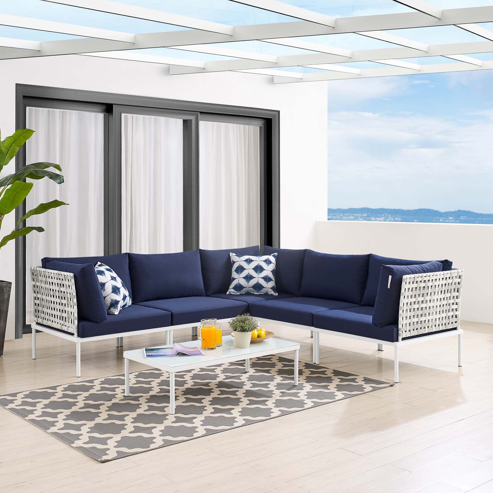 Modway Outdoor Conversation Sets - Harmony 6-Piece Sunbrella Outdoor Patio Aluminum Sectional Sofa Set Taupe Navy