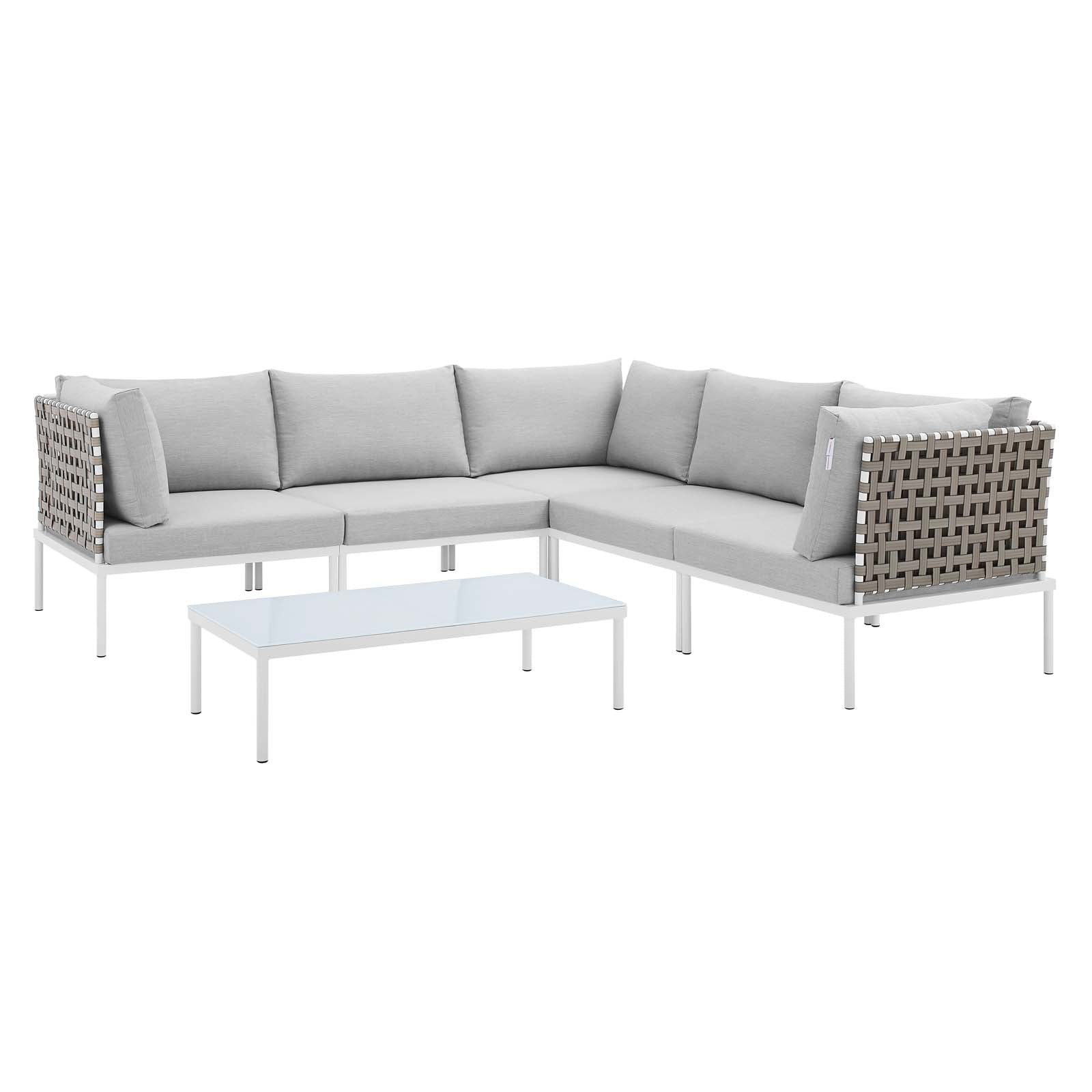 Modway Outdoor Conversation Sets - Harmony 6-Piece Sunbrella Basket Weave Outdoor Patio Aluminum Sectional Sofa Set Tan Gray